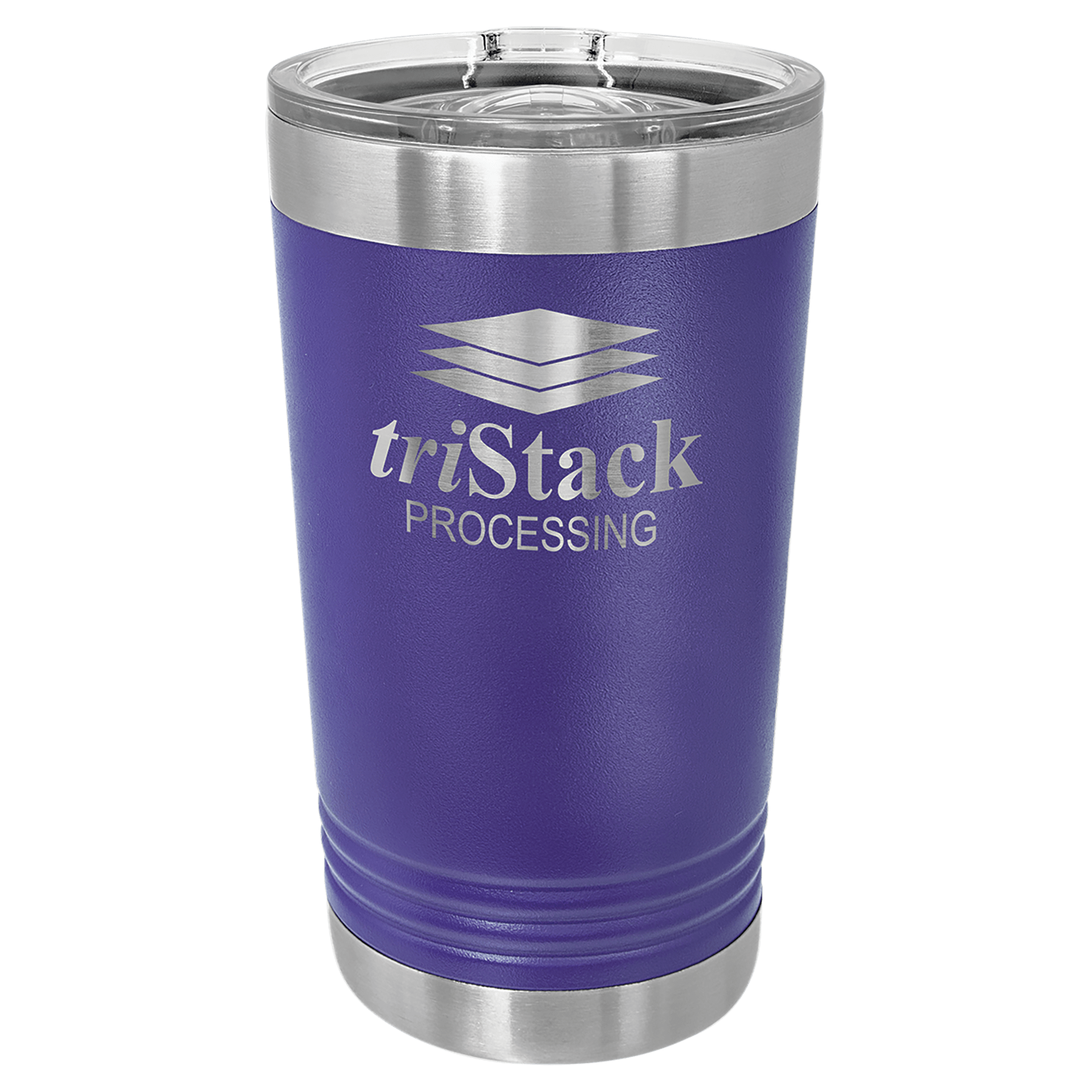 Purple 16 oz. stainless steel pint with clear slider lid and "triStack PROCESSING" logo.