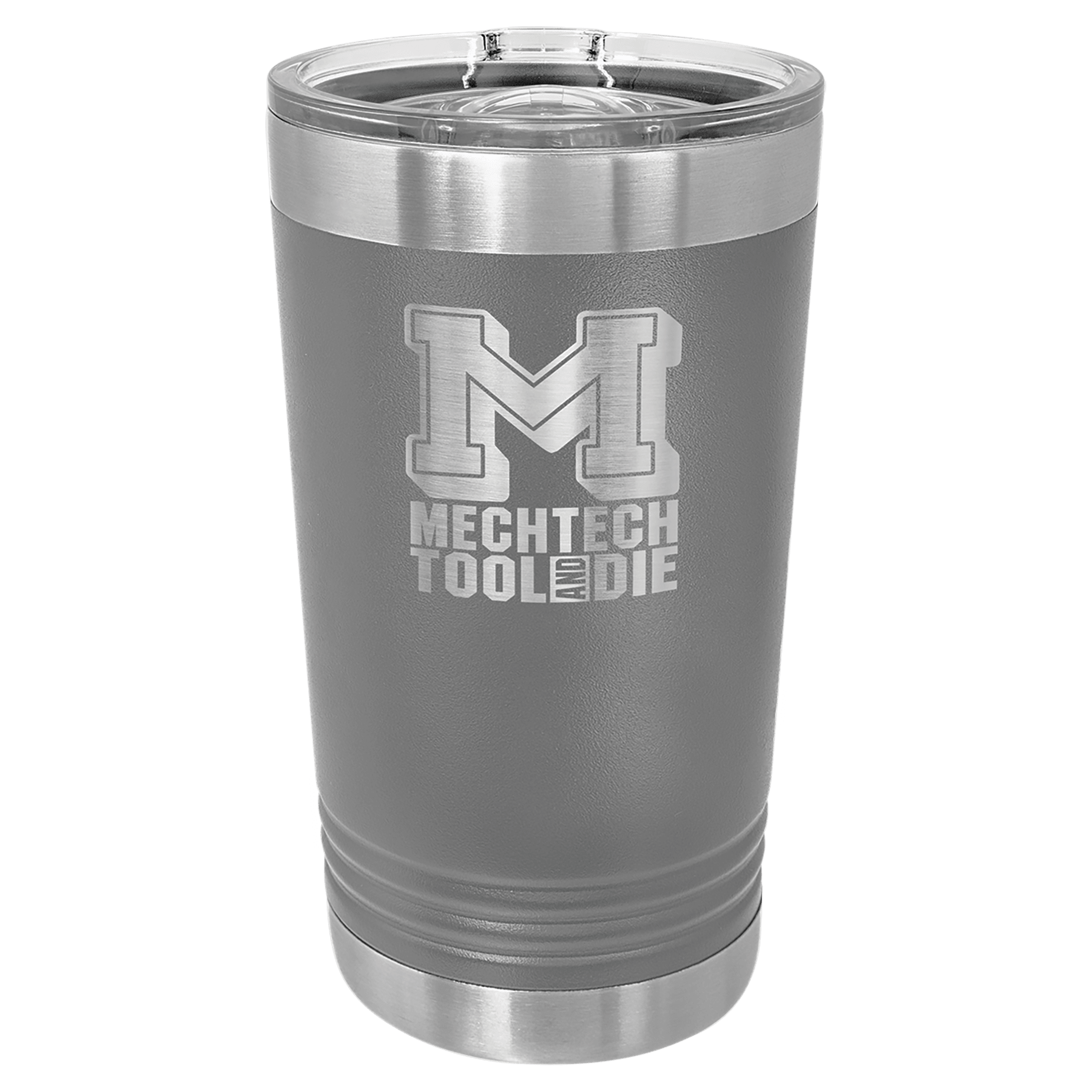 Gray 16 oz. stainless steel pint with clear slider lid and "M MECHTECH TOOL & DIE" logo.