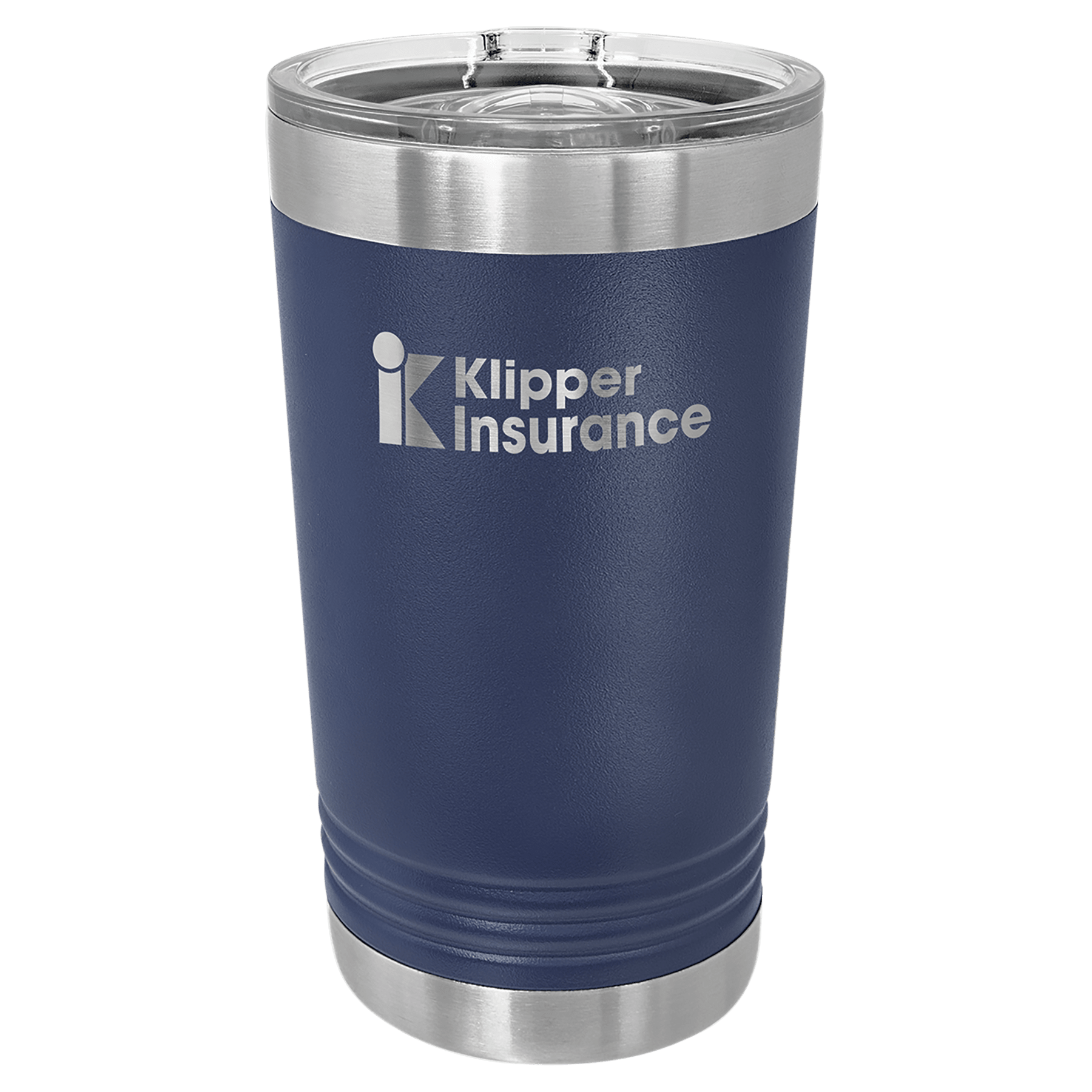 Navy 16 oz. stainless steel pint with Klipper Insurance logo and clear slider lid.