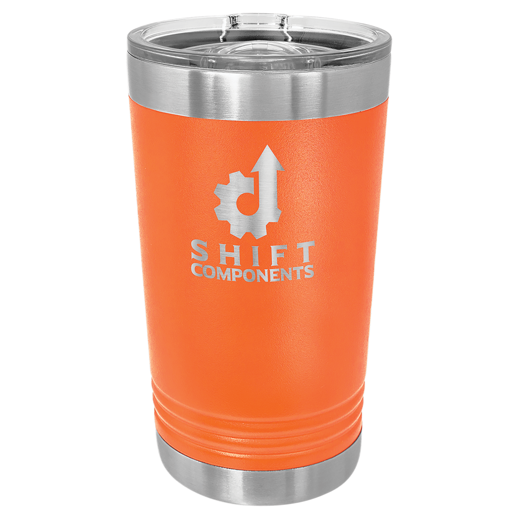 Orange 16 oz. stainless steel pint with clear slider lid and "Shift Components" logo.