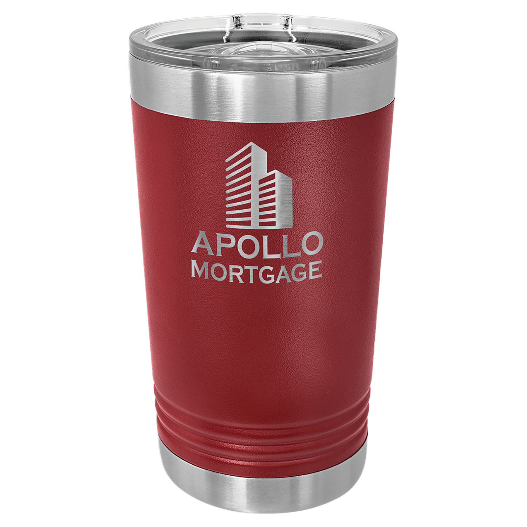 Red 16 oz. stainless steel pint with clear slider lid and "Apollo Mortgage" logo.
