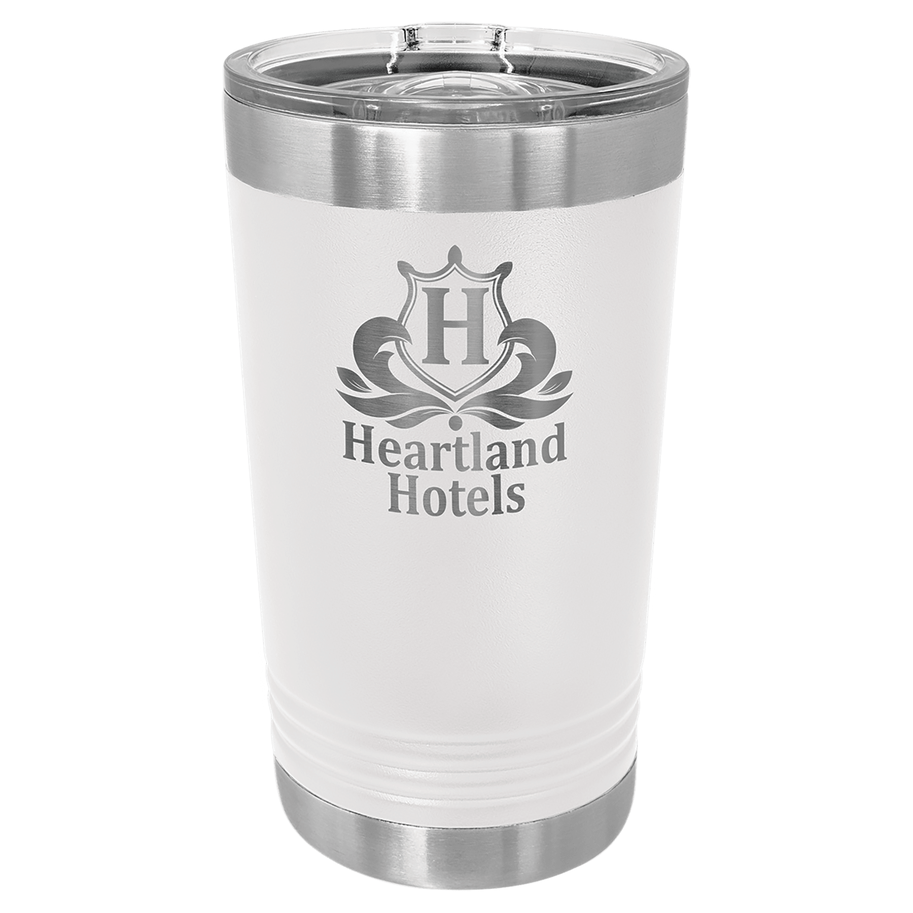 White 16 oz. stainless steel pint with clear slider lid and Heartland Hotels logo.