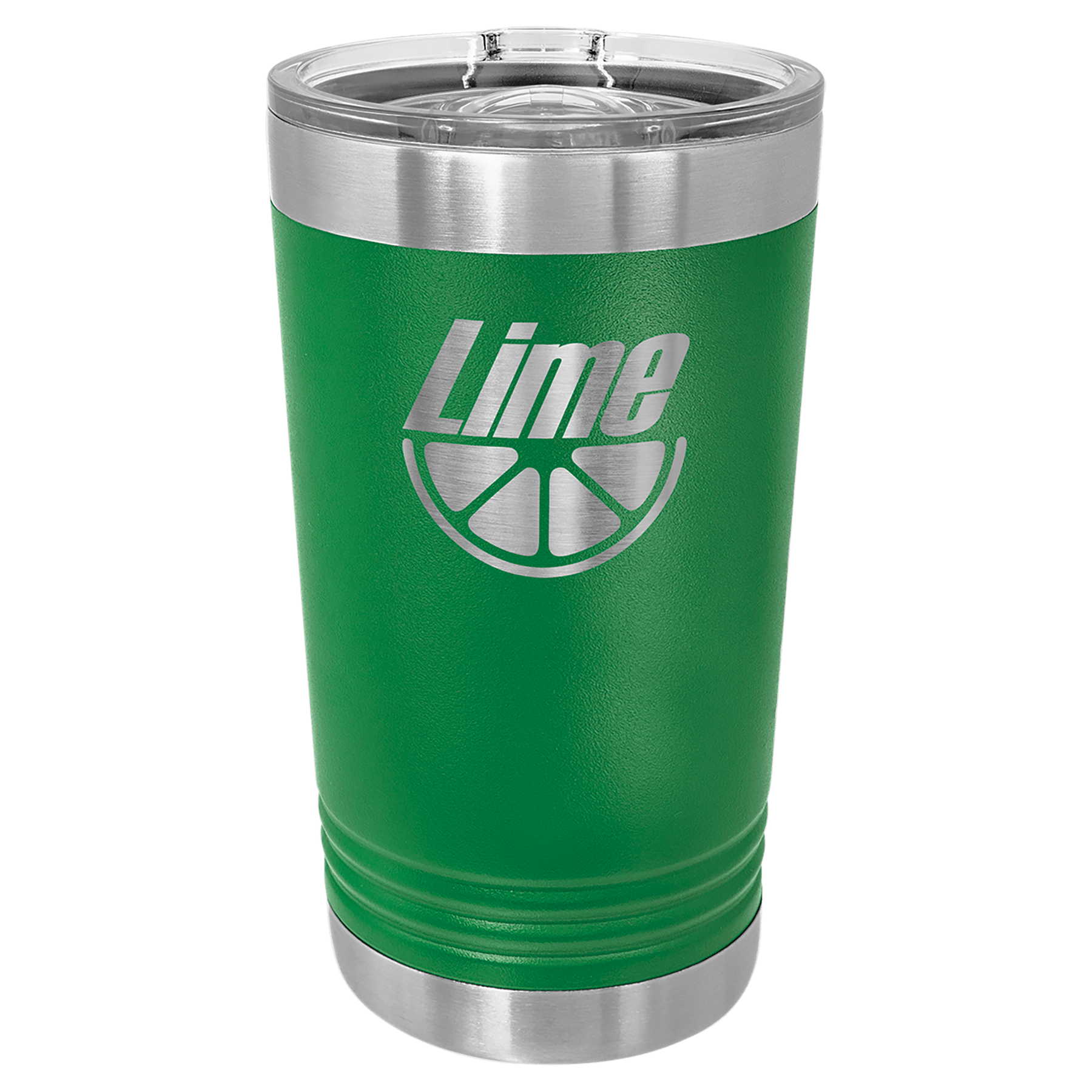 Green 16 oz. stainless steel pint with clear slider lid and "Lime" logo.