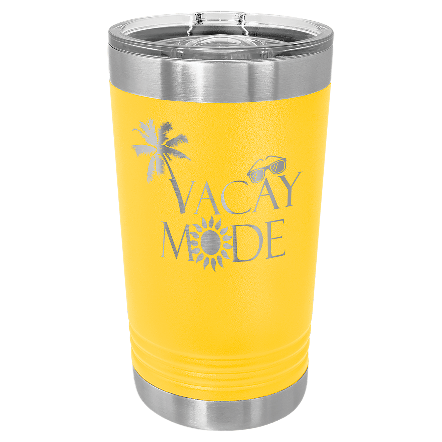 Yellow 16 oz. stainless steel pint with "VACAY MODE" engraving, palm tree, sunglasses, and sun designs, plus a clear slider lid.
