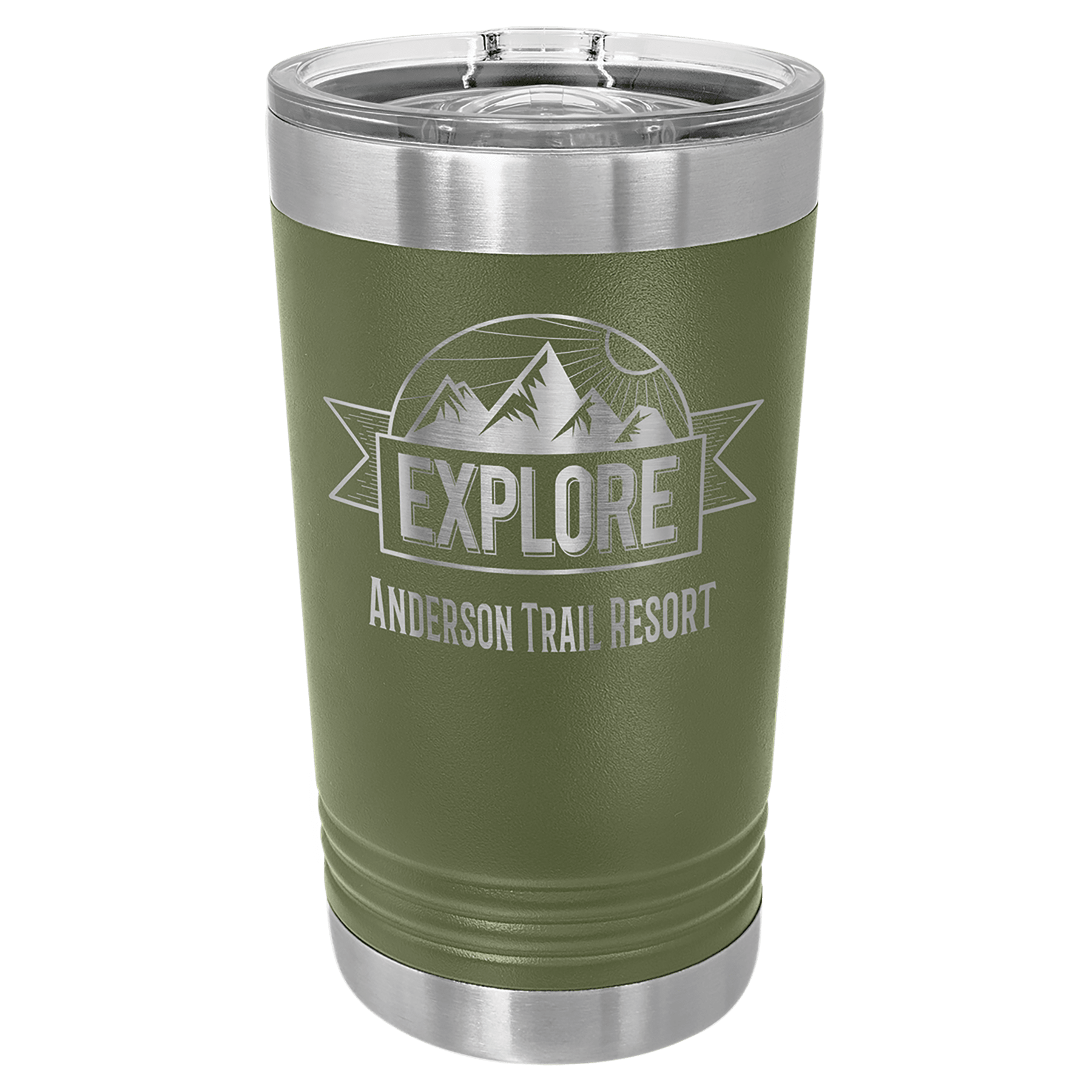 Olive green 16 oz. stainless steel pint with clear slider lid and "EXPLORE Anderson Trail Resort" mountain logo.