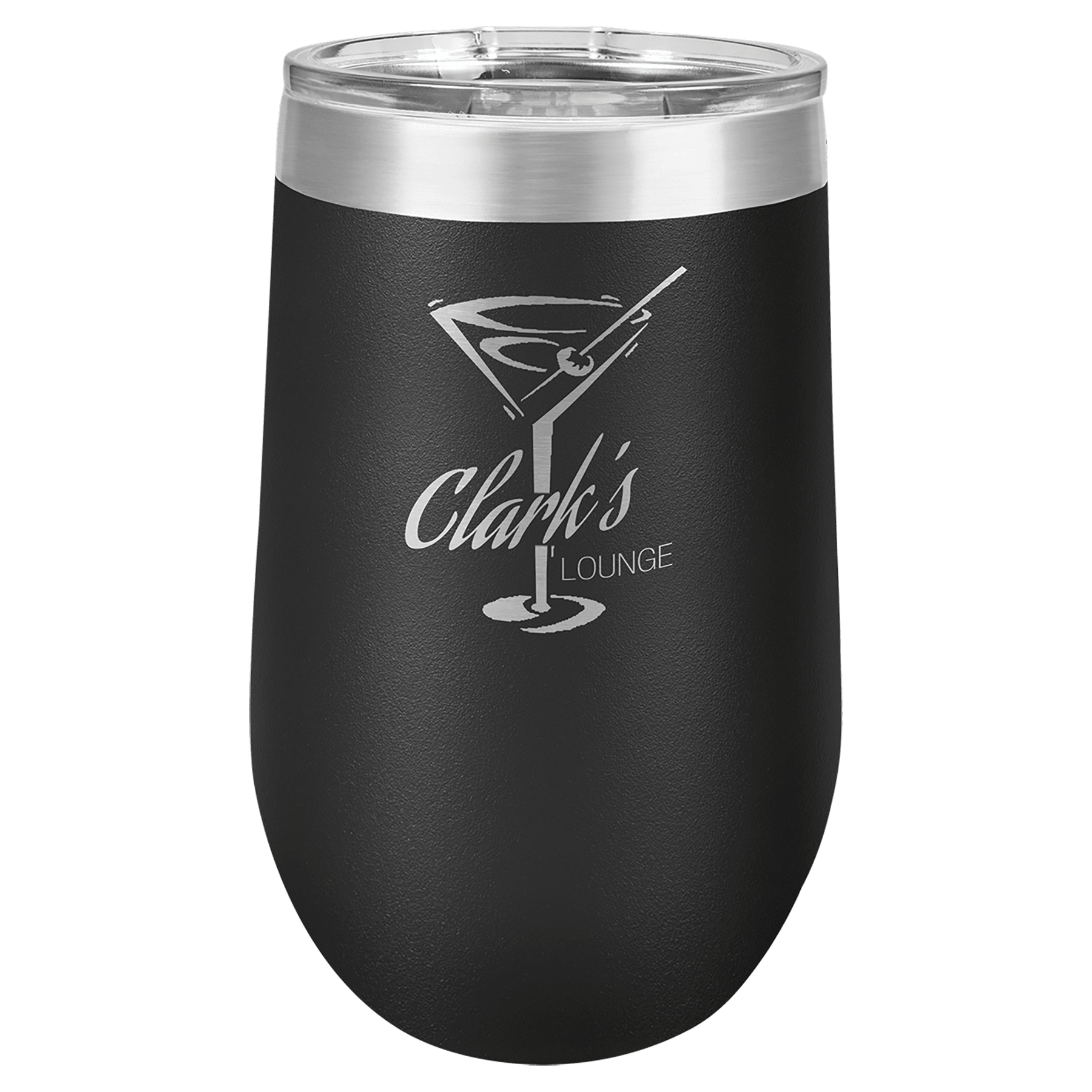 Black 16 oz stemless stainless steel tumbler with clear lid and "Clark's Lounge" martini glass engraving.
