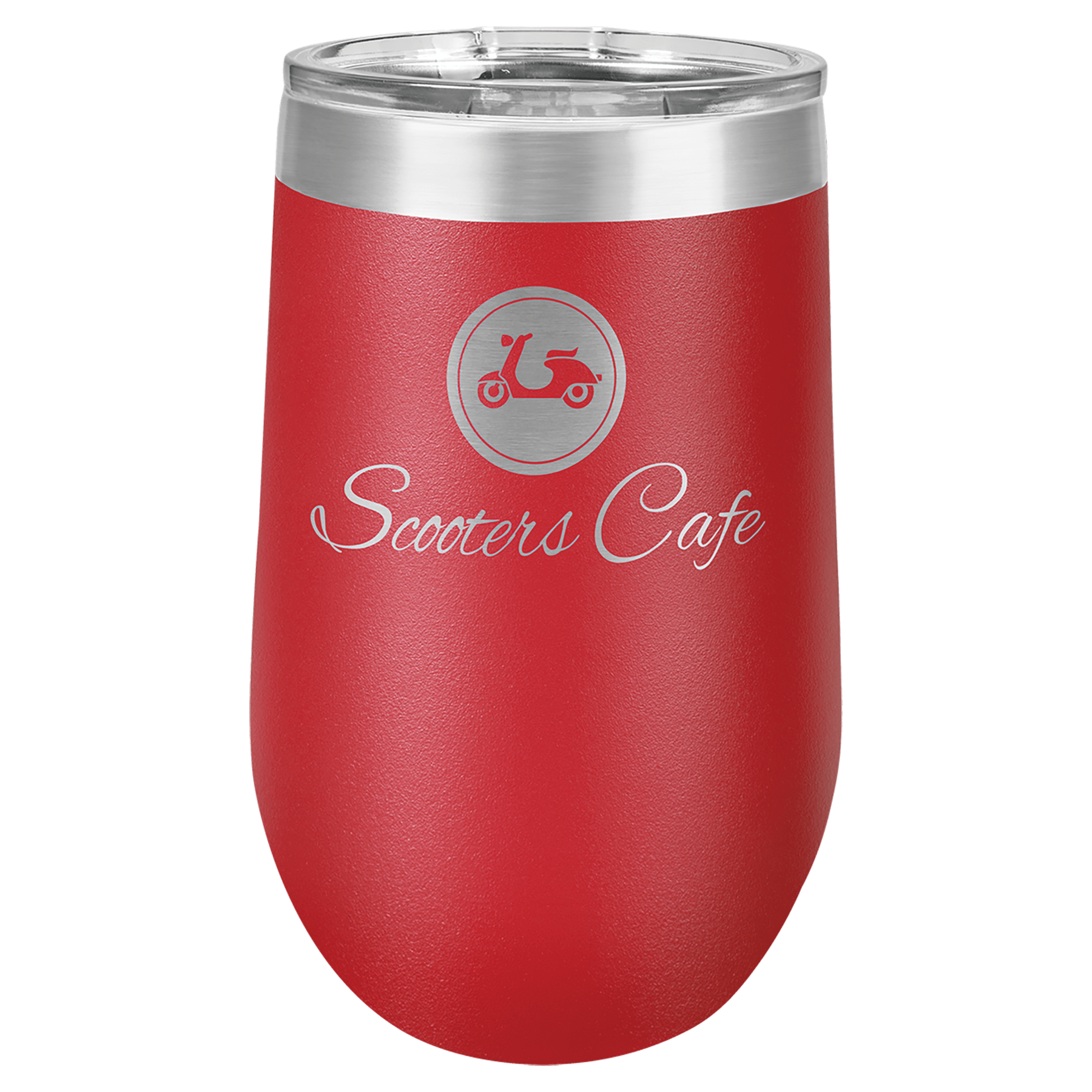 Red 16 oz. stainless steel stemless tumbler with clear lid and "Scooters Cafe" logo.