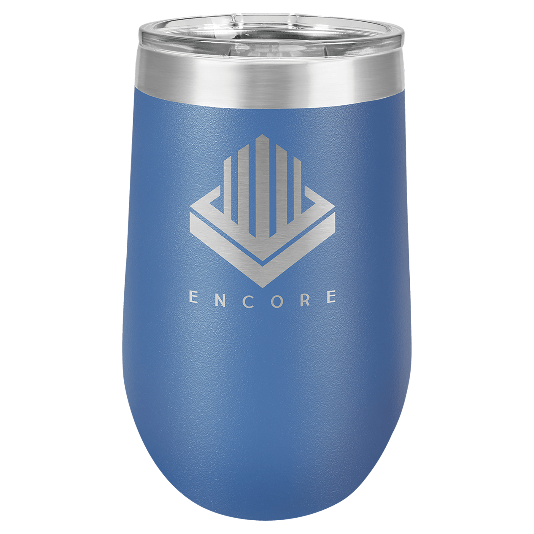 Blue 16 oz stainless steel stemless tumbler with clear lid and "ENCORE" logo.