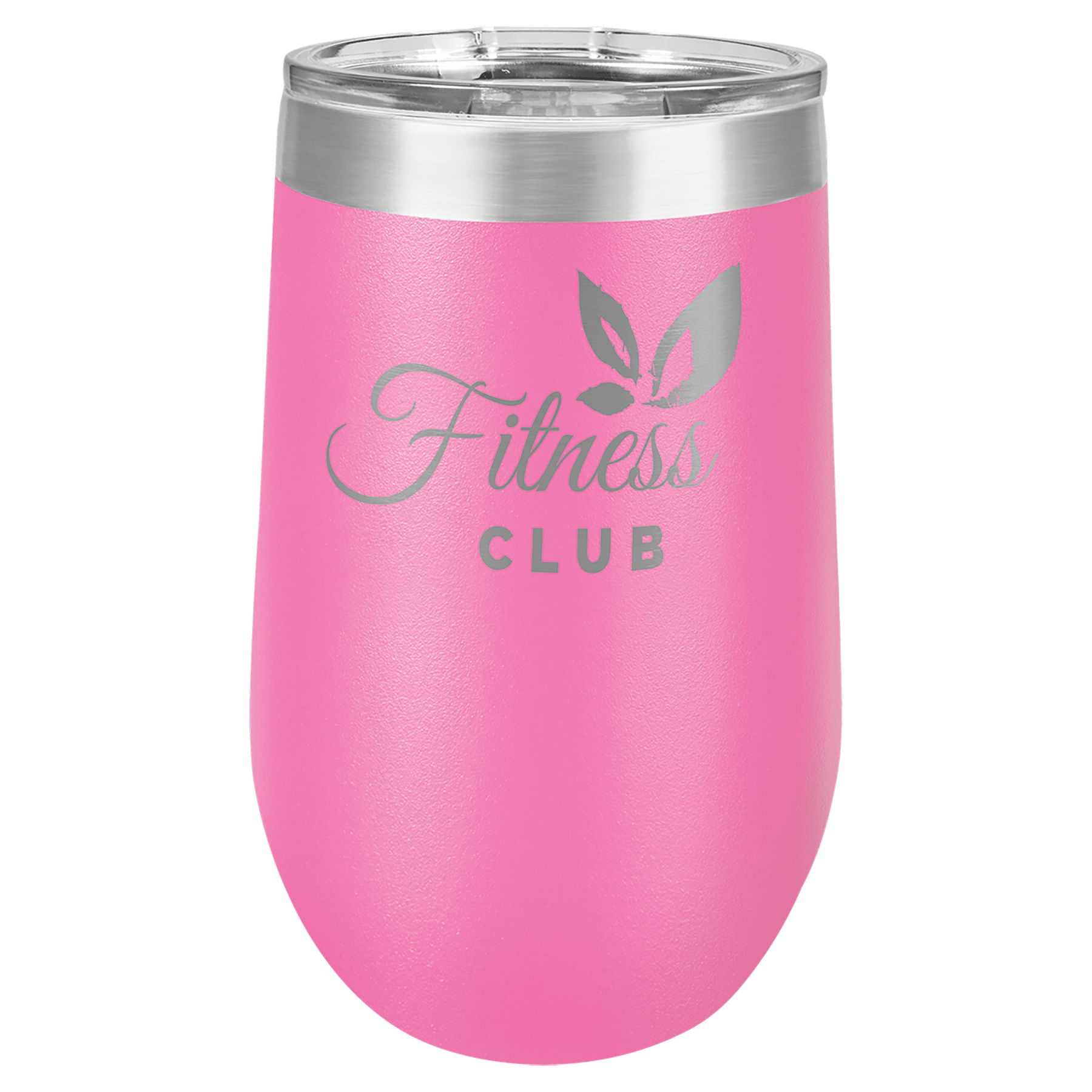 Pink 16 oz stainless steel stemless tumbler with a clear lid and "Fitness Club" engraved design.