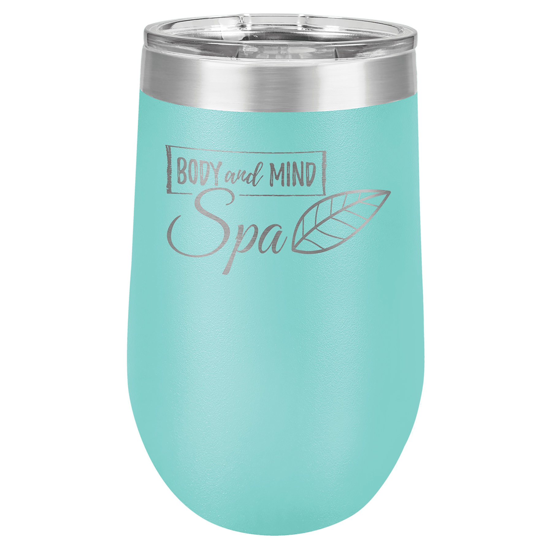 Aqua 16 oz stemless stainless steel tumbler with clear lid and "Body and Mind Spa" logo.