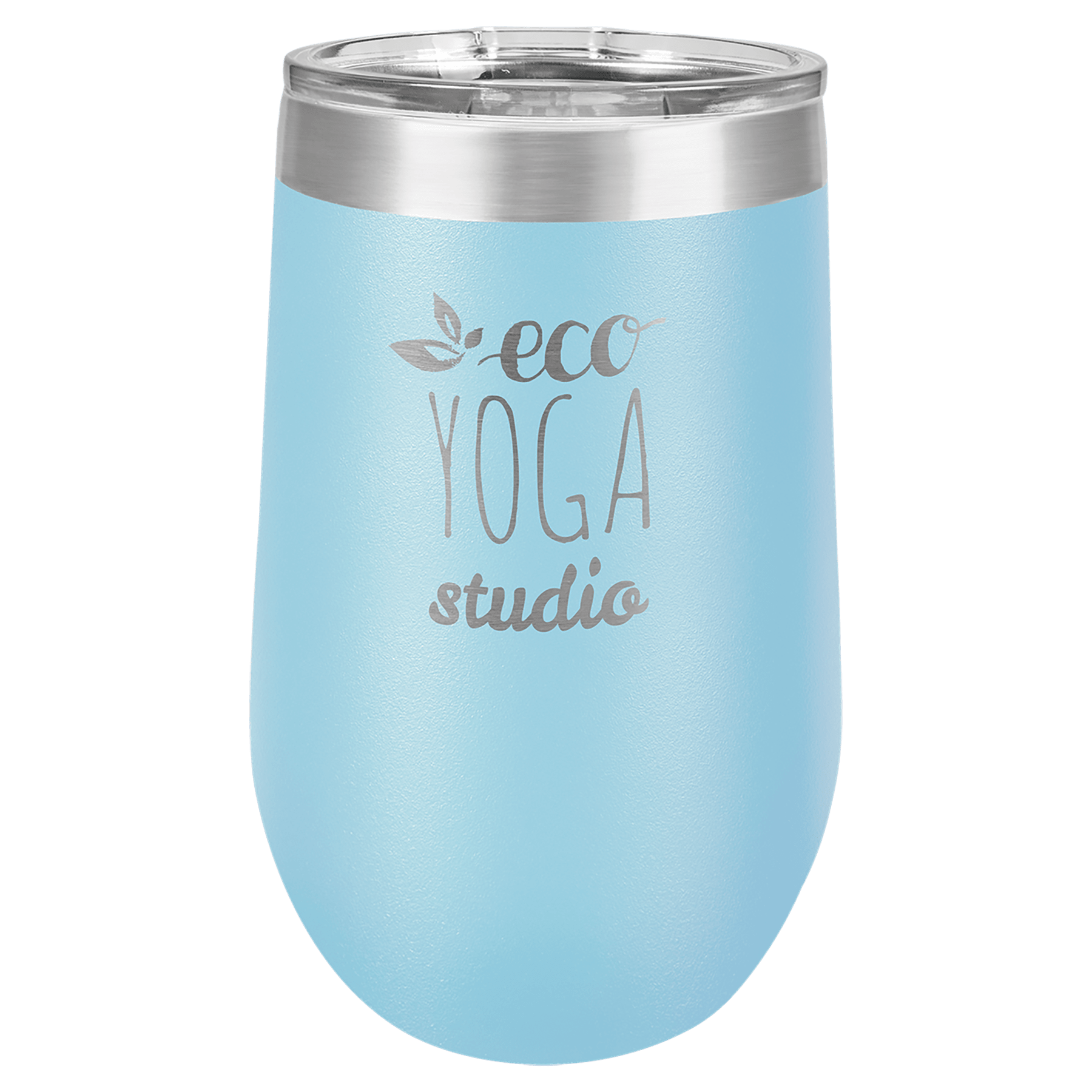 Light blue 16 oz stainless steel stemless tumbler with "eco YOGA studio" engraving and clear lid.
