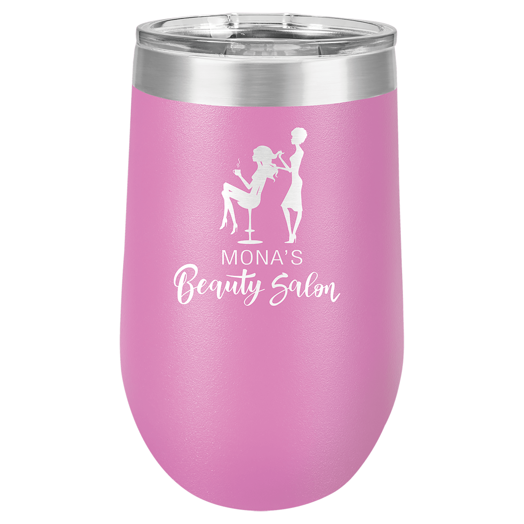 Pink 16 oz stainless steel stemless tumbler with "Mona's Beauty Salon" logo and clear lid.