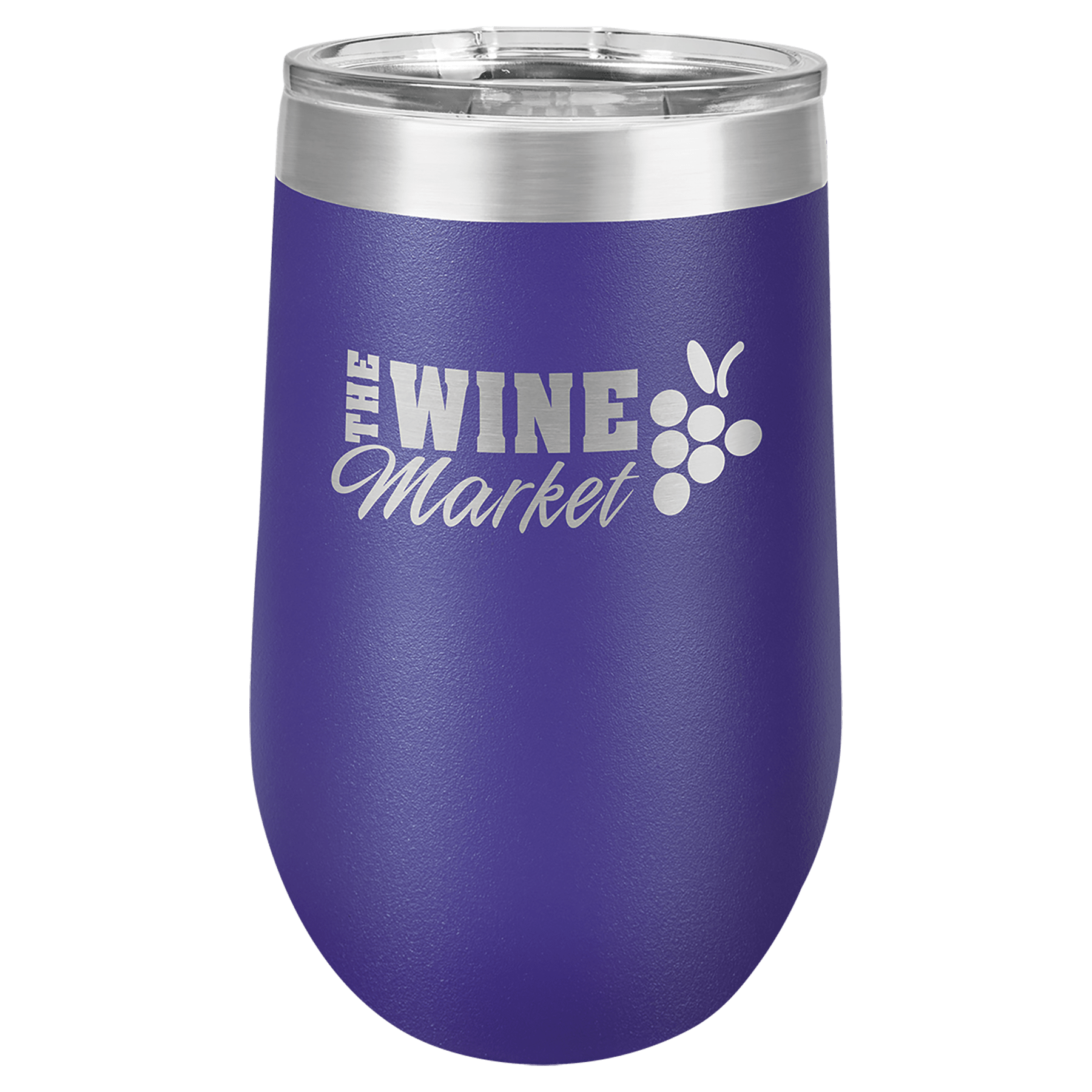 Purple 16 oz stainless steel stemless tumbler with clear lid and "The Wine Market" logo.