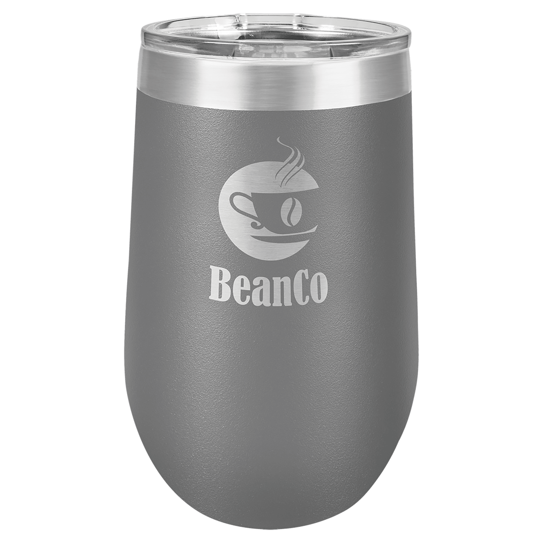 Gray 16 oz. stainless steel stemless tumbler with clear lid and "BeanCo" coffee logo.