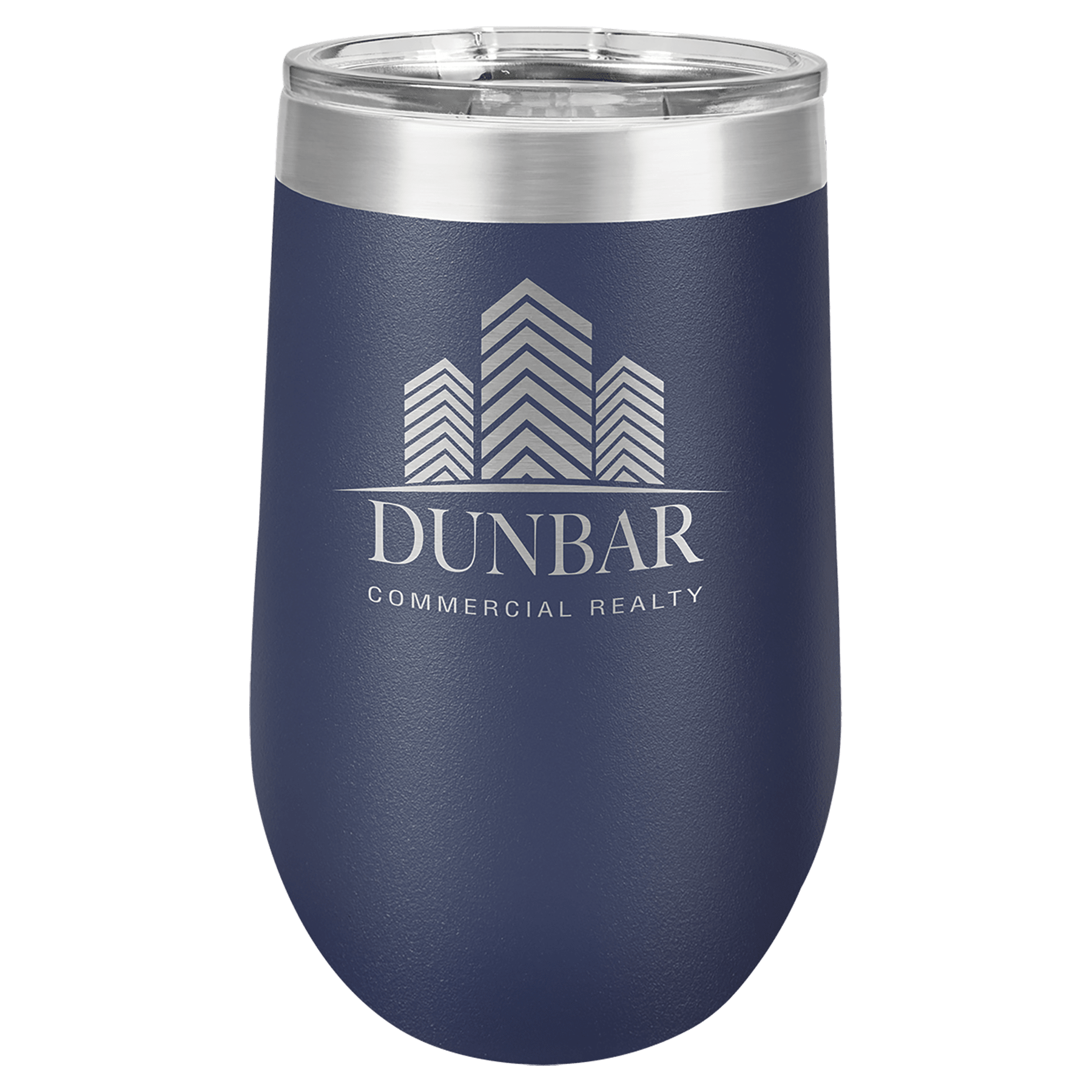 Navy blue 16 oz stainless steel stemless tumbler with a clear lid and "DUNBAR COMMERCIAL REALTY" logo.