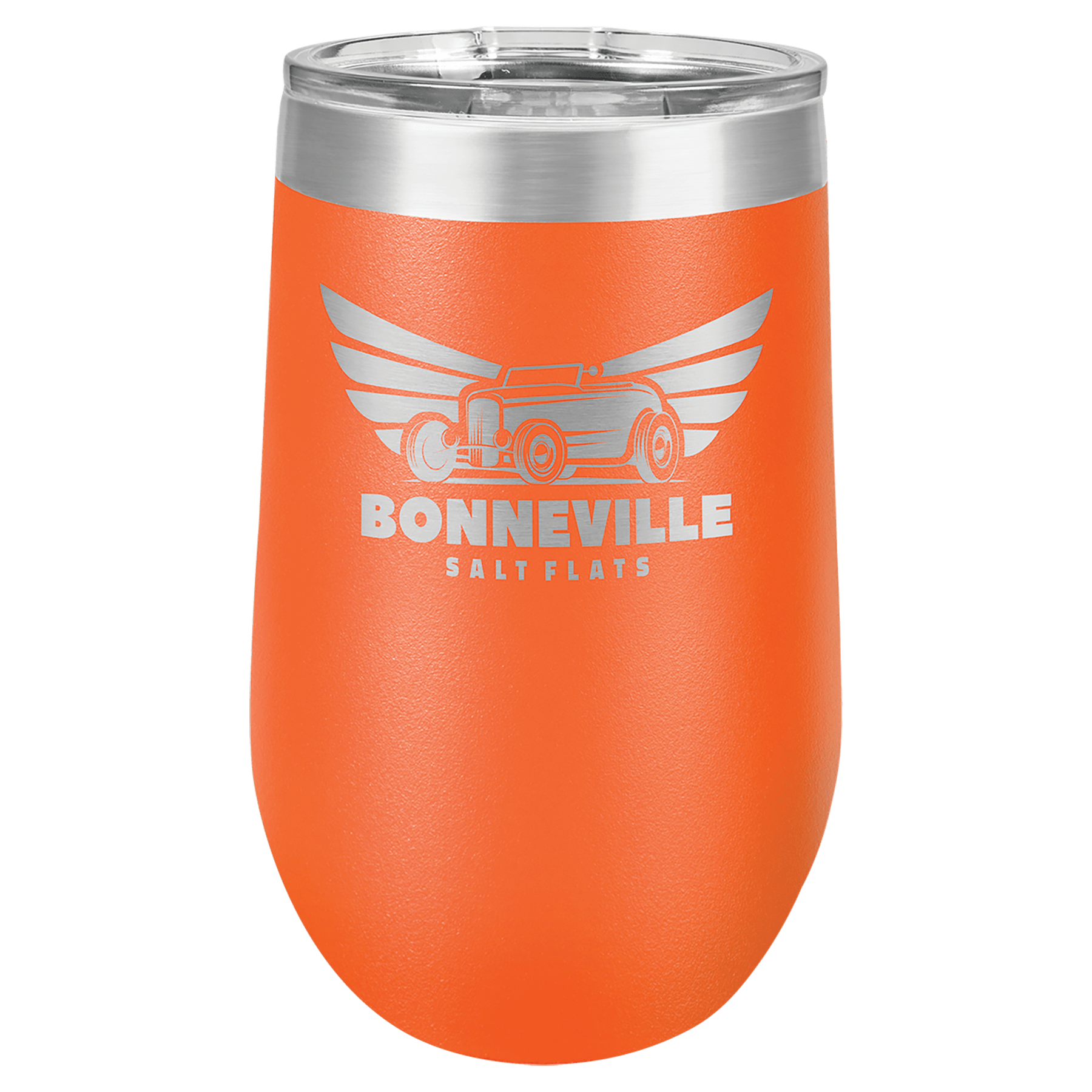 Orange 16 oz stainless steel stemless tumbler with clear lid and "Bonneville Salt Flats" hot rod design.
