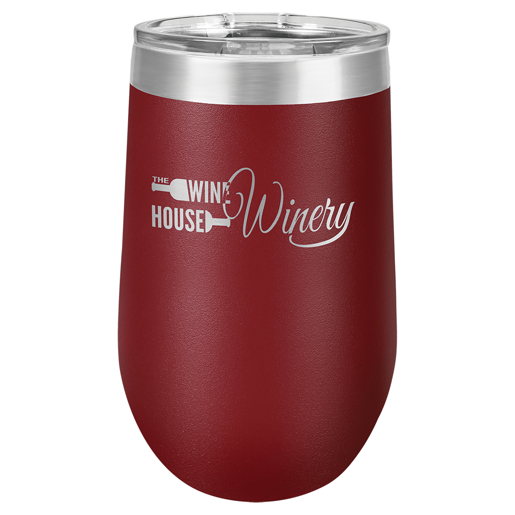 Red 16 oz stainless steel stemless tumbler with clear lid and "The Wine House Winery" logo.