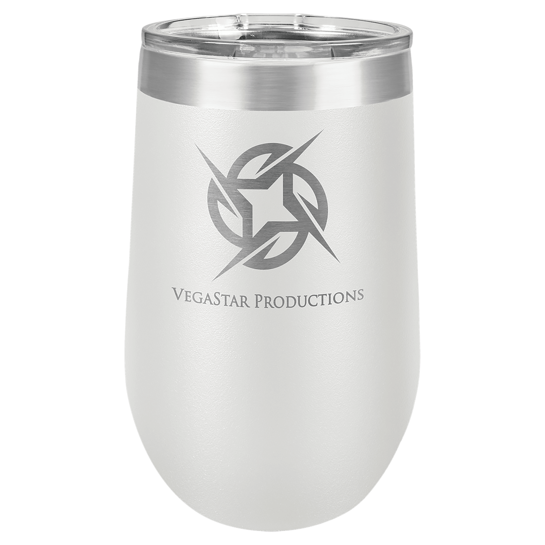 White 16 oz stainless steel stemless tumbler with clear lid and "VEGASTAR PRODUCTIONS" logo.