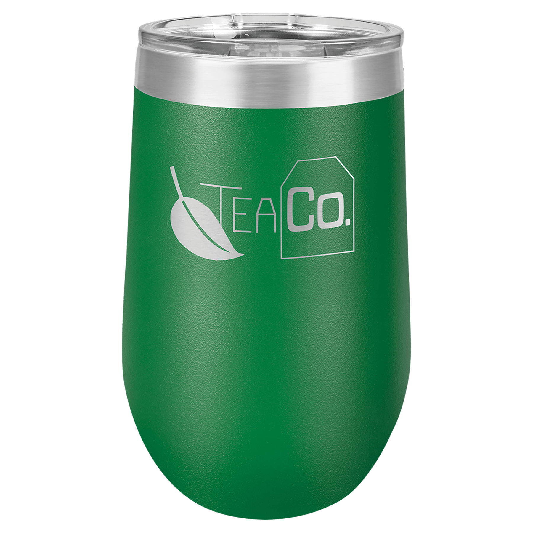 Green 16 oz stainless steel stemless tumbler with a clear lid and "TEA Co." logo.