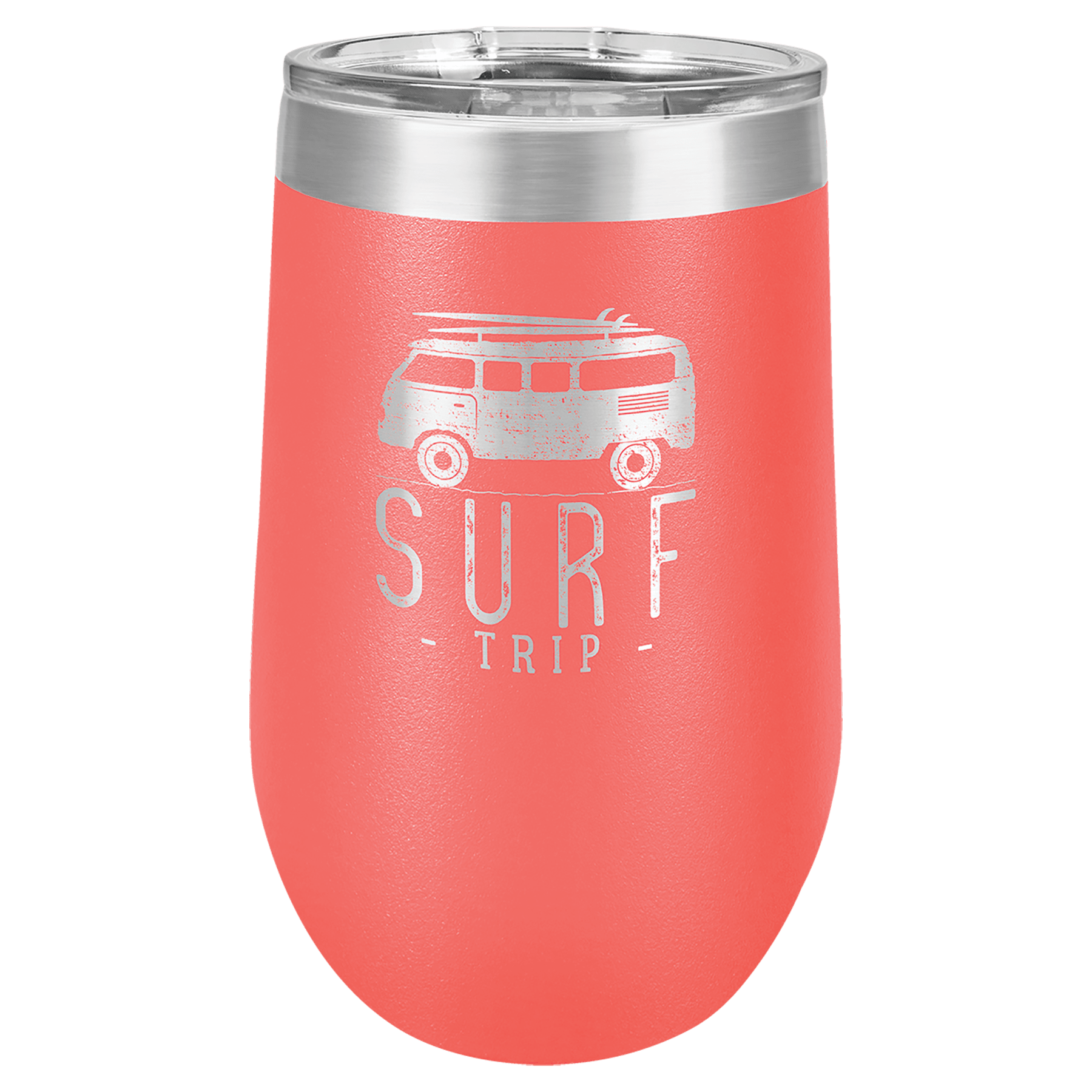 Coral 16 oz stainless steel stemless tumbler with a clear lid and "SURF TRIP" van design.