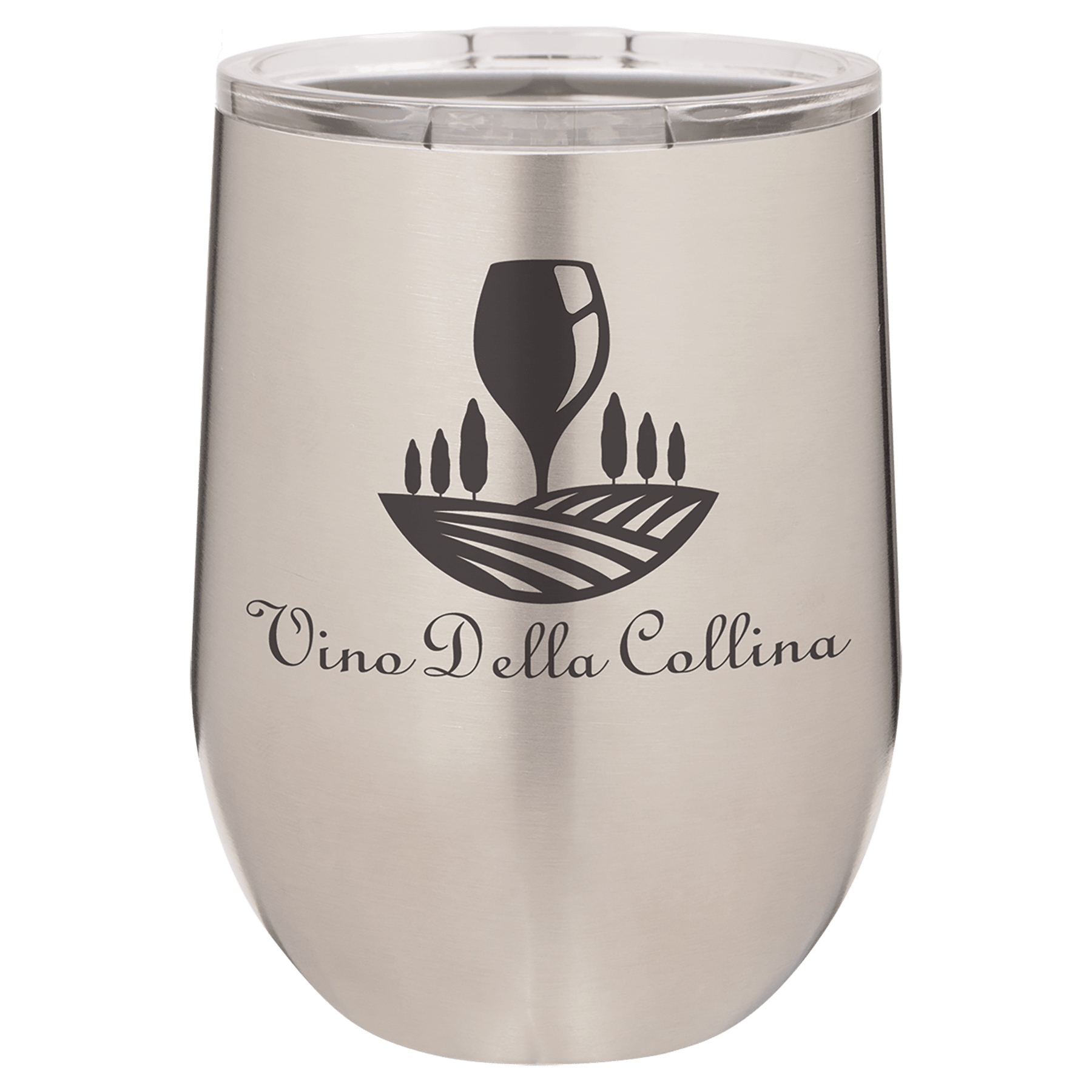 Silver 12 oz. stainless steel stemless wine tumbler with clear lid and "Vino Della Collina" logo.
