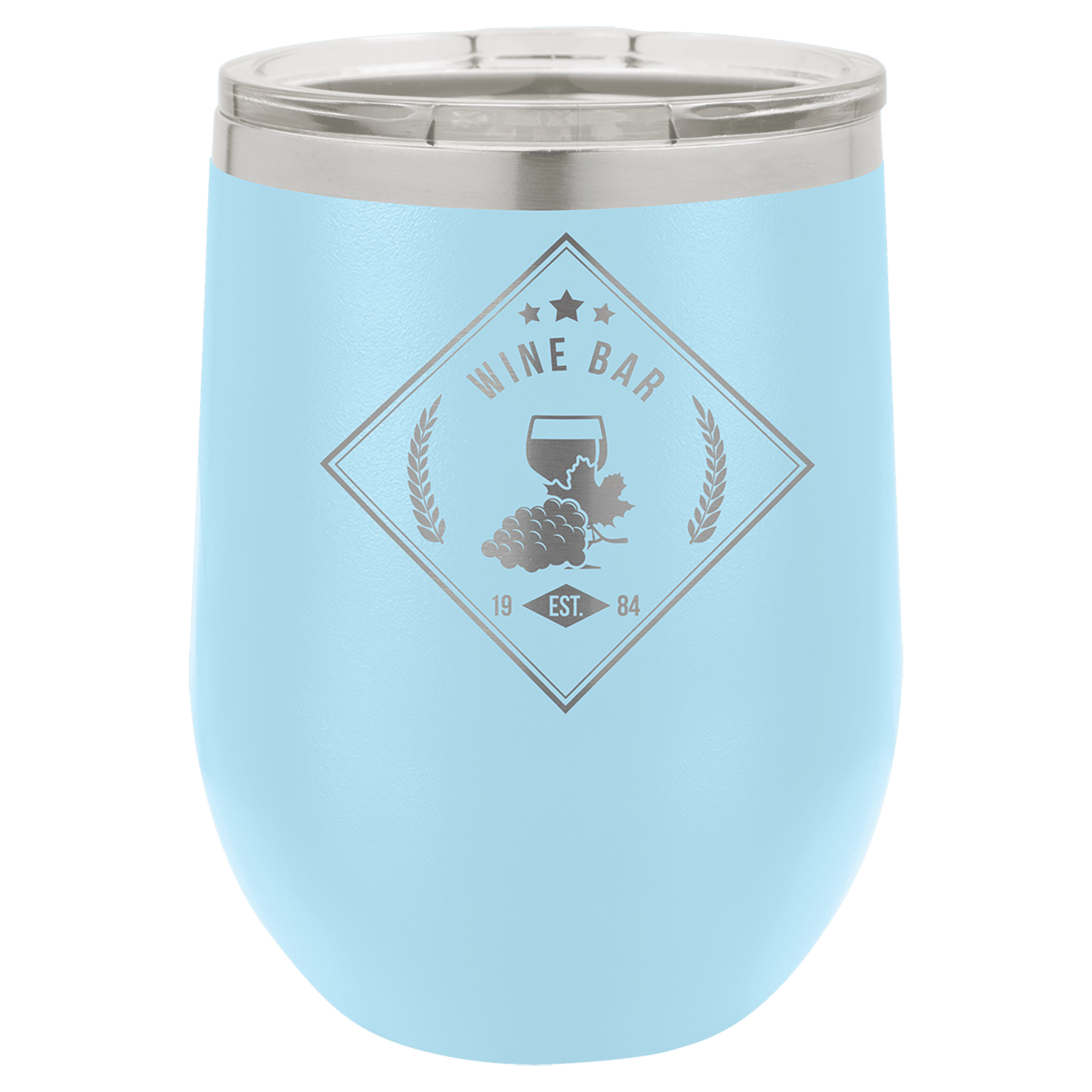 Light blue 12 oz. stainless steel stemless wine tumbler with a clear lid and "Wine Bar" logo.