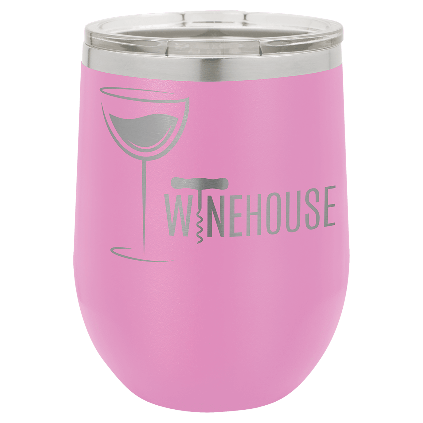 Pink 12 oz. stainless steel stemless wine tumbler with a clear lid, engraved with a wine glass and "WINEHOUSE" logo.