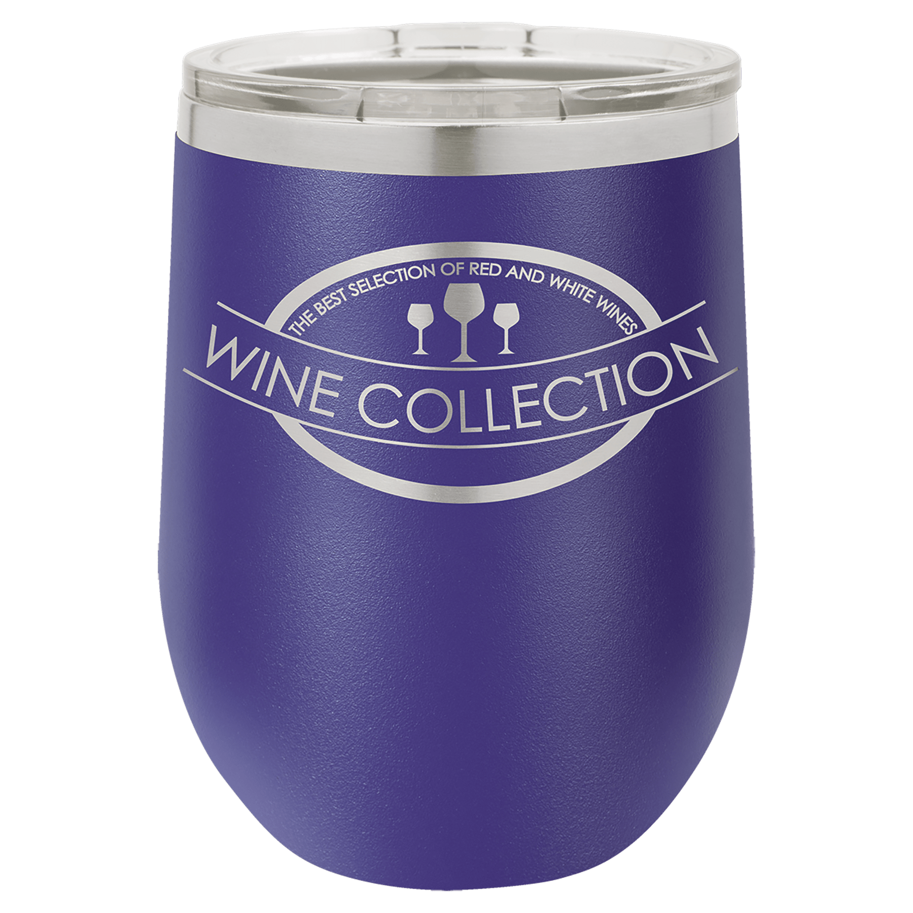 Purple 12 oz. stainless steel stemless wine tumbler with clear lid and "Wine Collection" engraving.
