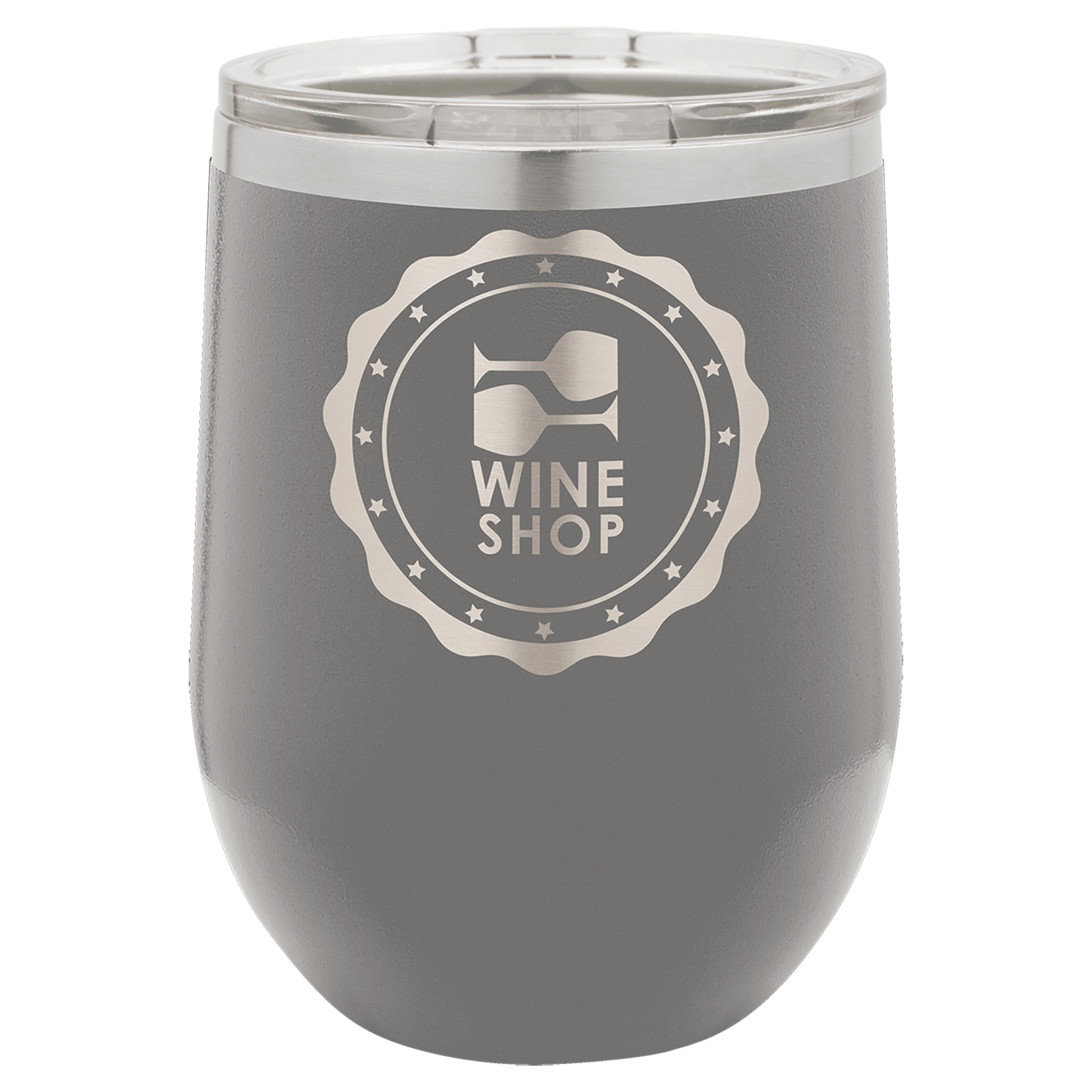 Gray 12 oz. stainless steel stemless wine tumbler with clear lid and "Wine Shop" logo.