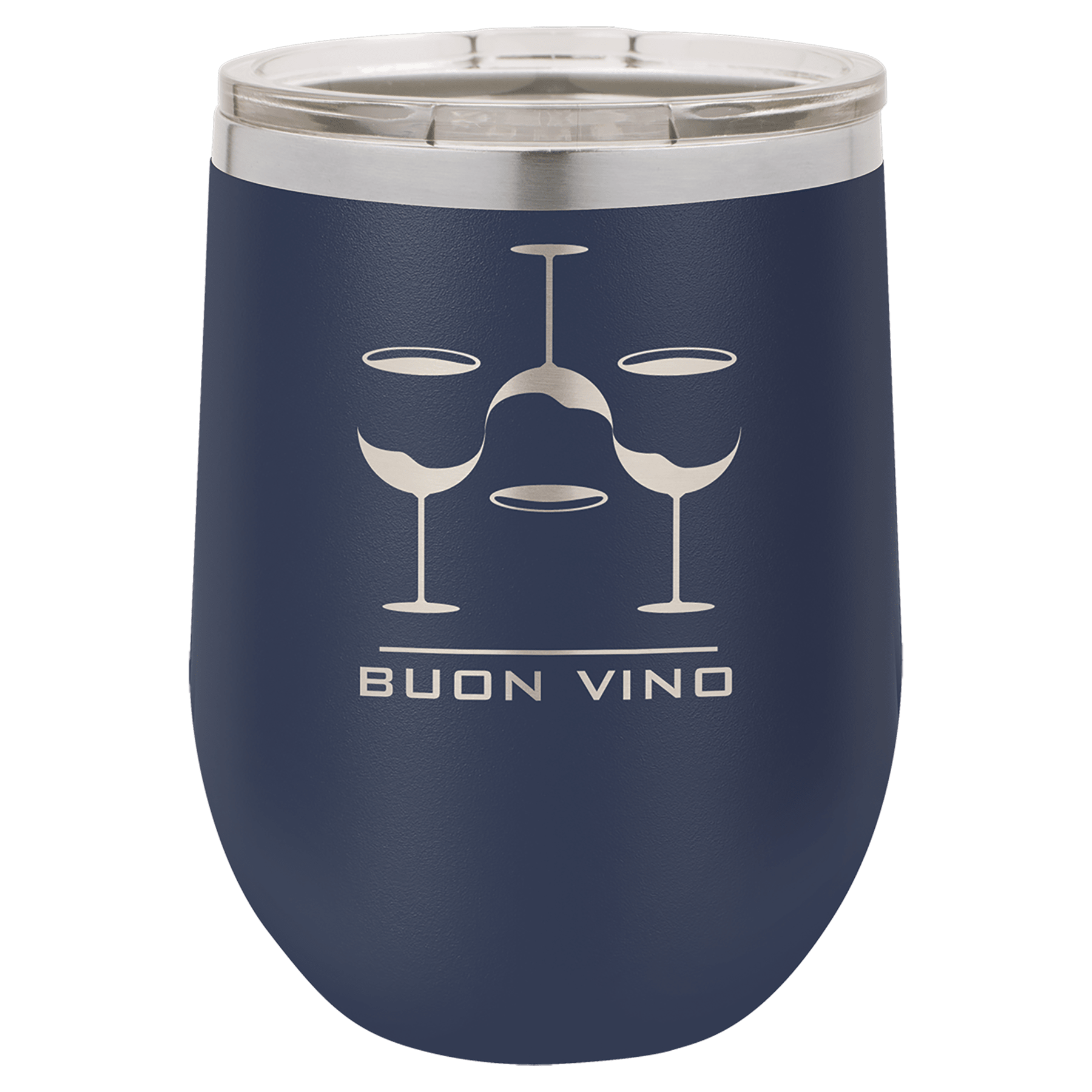 Navy blue 12 oz. stainless steel stemless wine tumbler with clear lid and "BUON VINO" wine glass design.