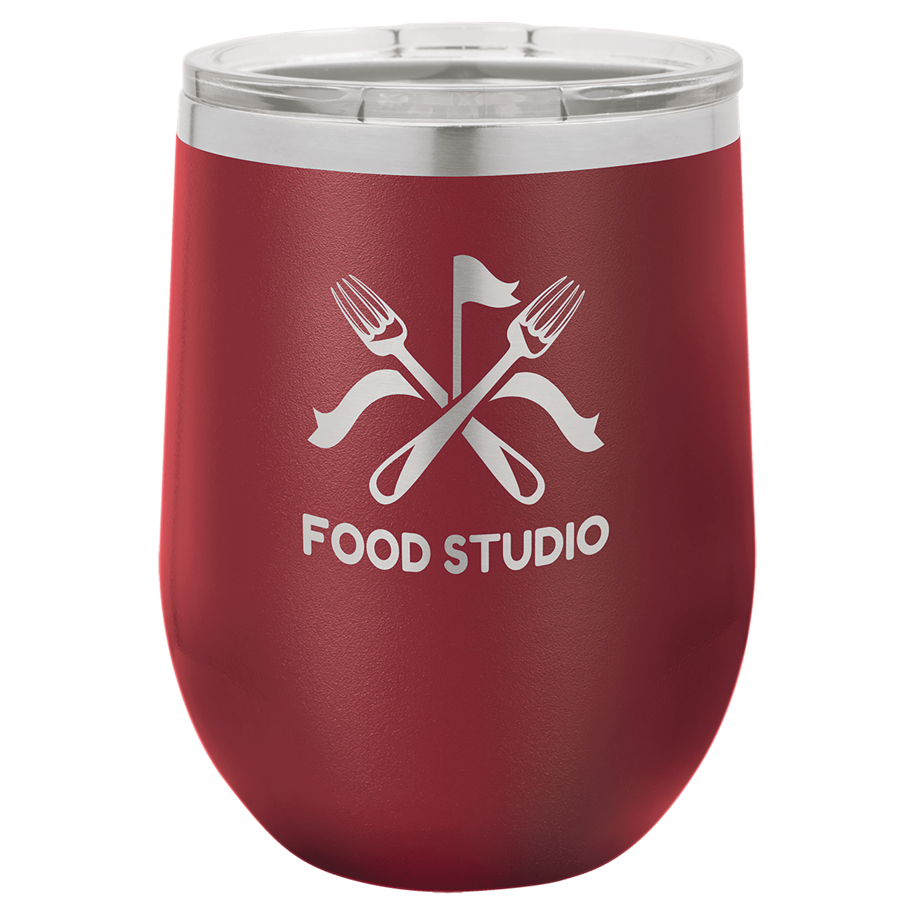 Red 12 oz. stainless steel stemless wine tumbler with lid and "FOOD STUDIO" logo.