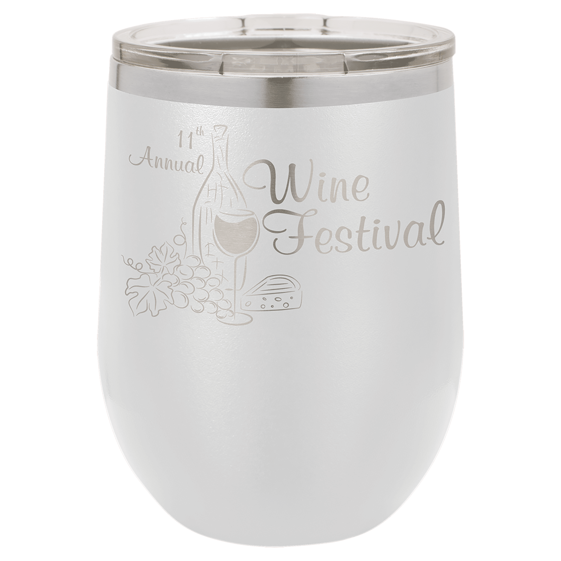 White 12 oz. stainless steel stemless wine tumbler with clear lid and "Wine Festival" engraving.