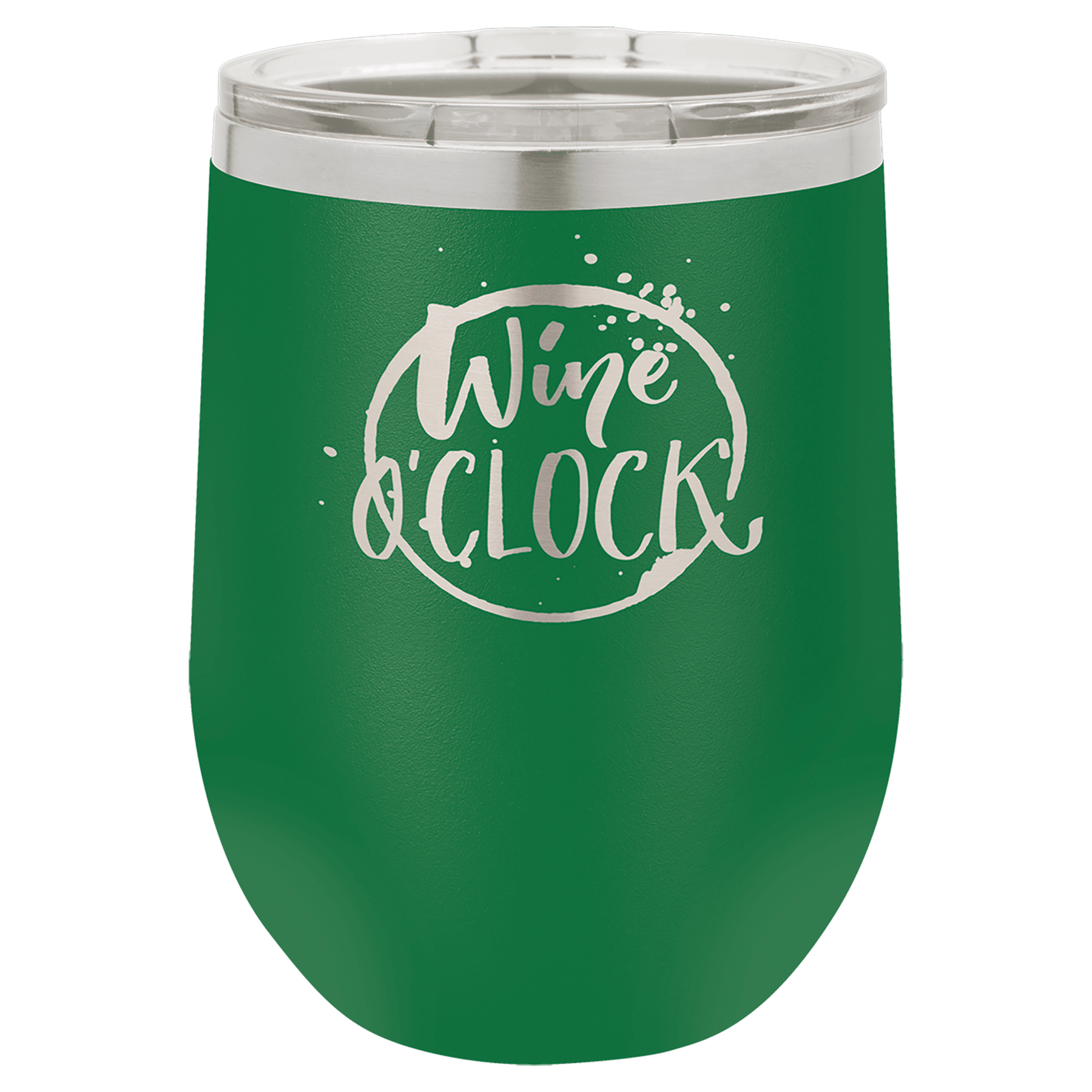 Green 12 oz. stainless steel stemless wine tumbler with "Wine O'Clock" design and clear lid.
