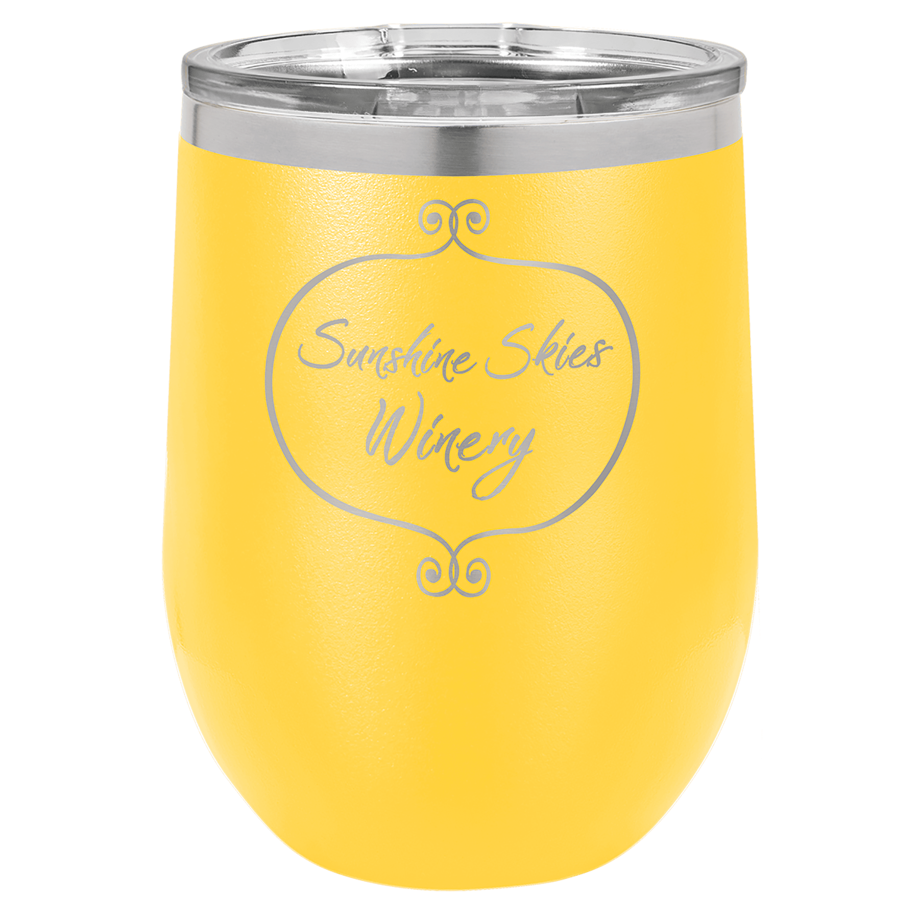 Yellow 12 oz. stainless steel stemless wine tumbler with clear lid and "Sunshine Skies Winery" engraving.