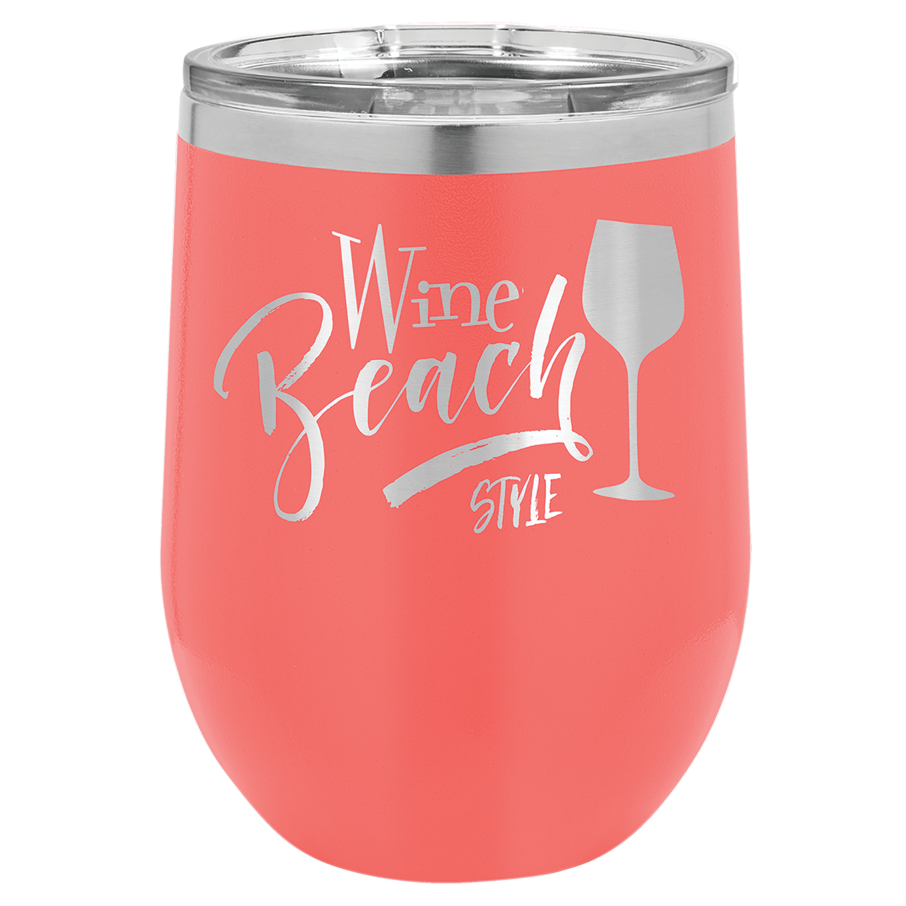 Coral 12 oz. stainless steel stemless wine tumbler with "Wine Beach Style" and wine glass design.