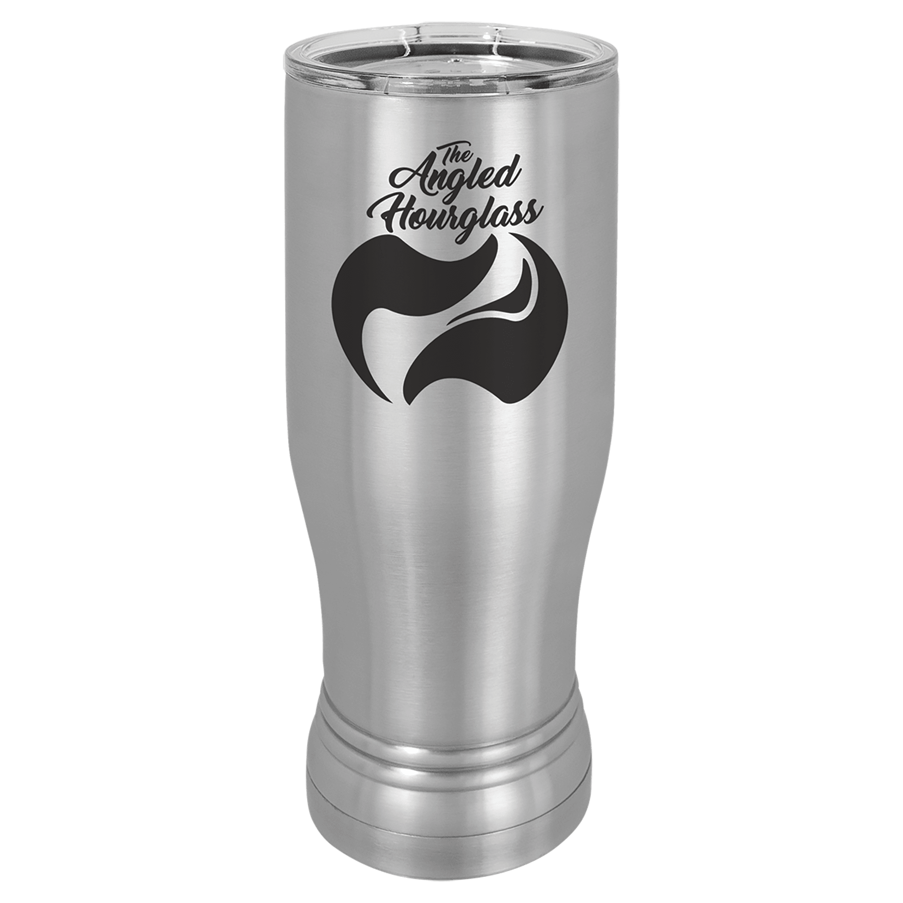 Silver 14 oz. Polar Camel Pilsner with clear lid and "The Angled Hourglass" logo.