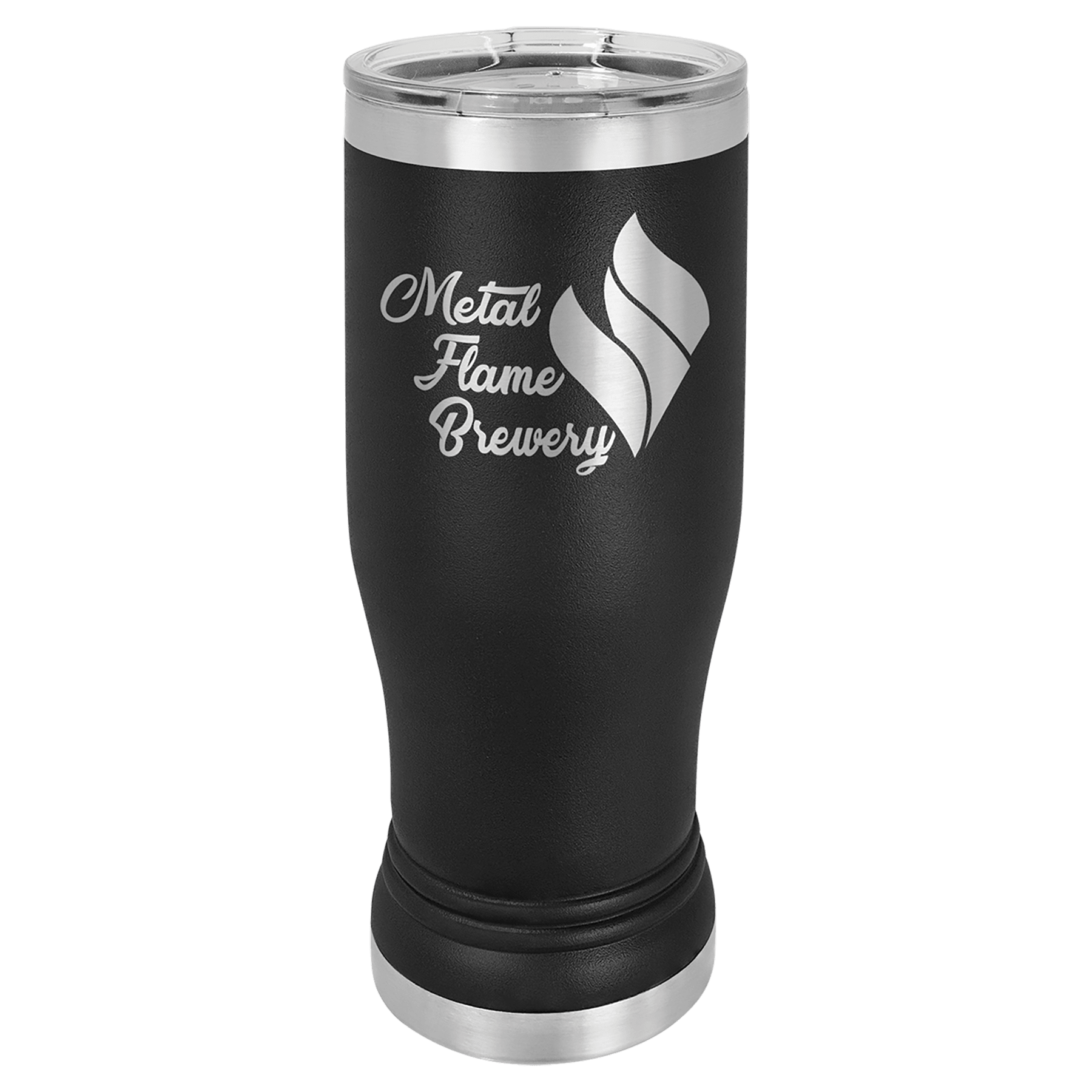 Black 14 oz. Polar Camel Pilsner with clear lid, "Metal Flame Brewery" logo, and stainless steel base.