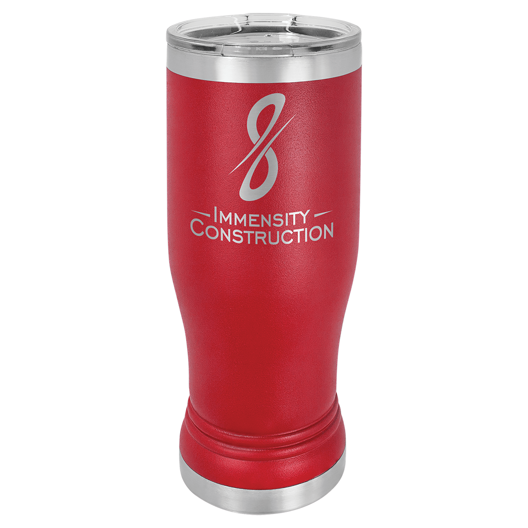 Red 14 oz. Polar Camel Pilsner with clear lid, stainless steel rim, and "Immensity Construction" logo.