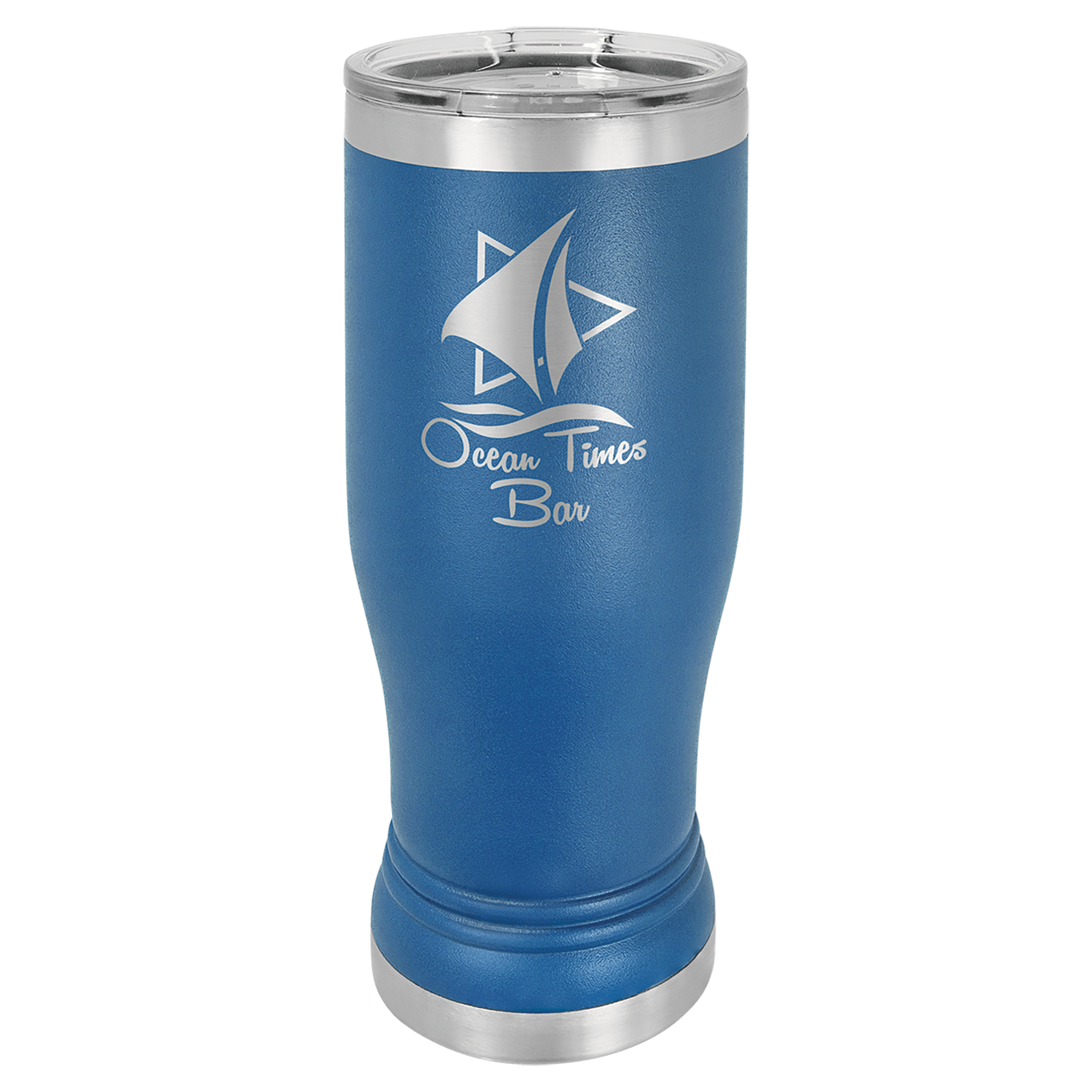 Blue 14 oz. Polar Camel Pilsner with clear lid, silver rim, and "Ocean Times Bar" sailboat logo.