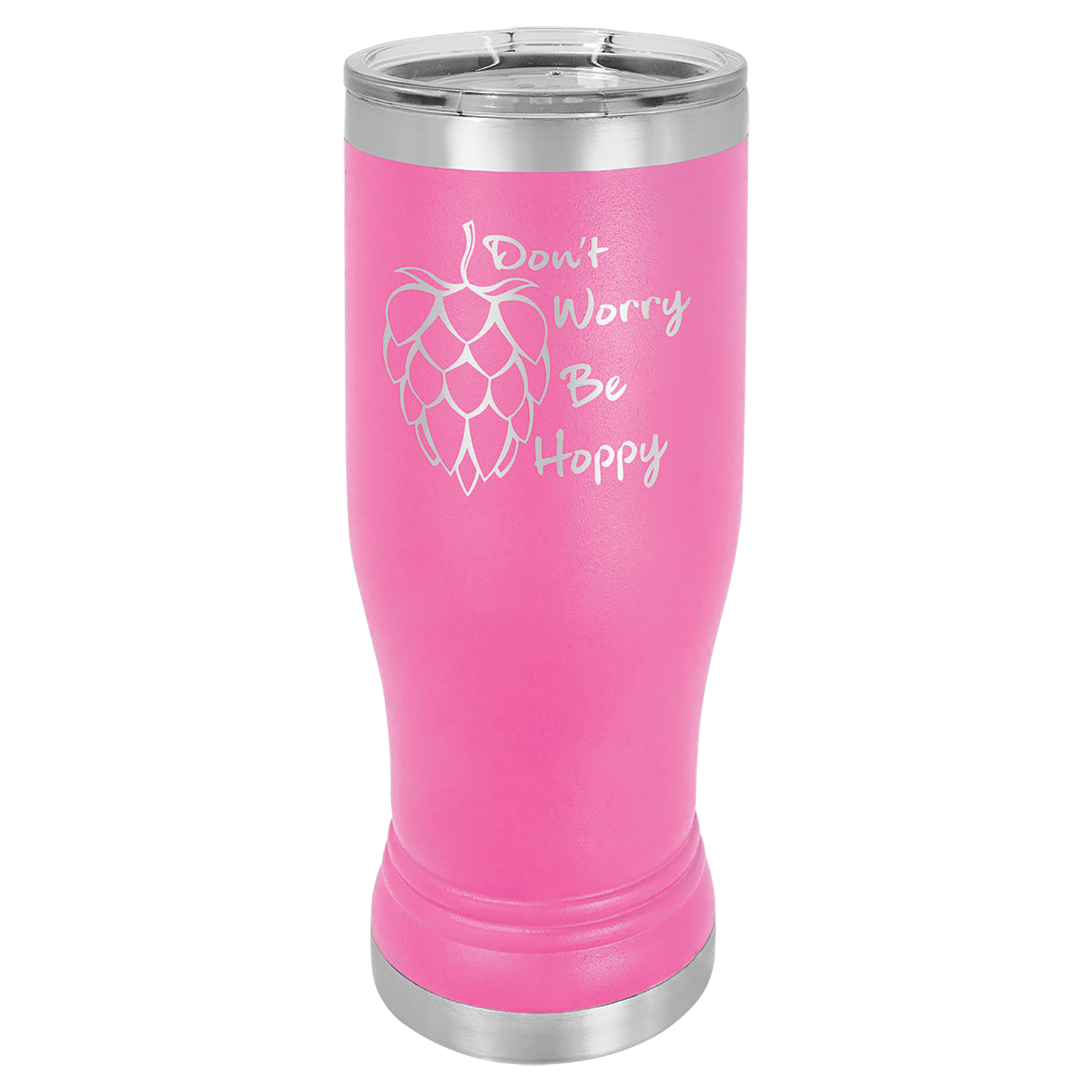 Pink 14 oz. Polar Camel Pilsner with clear lid, "Don't Worry Be Hoppy" hops design.
