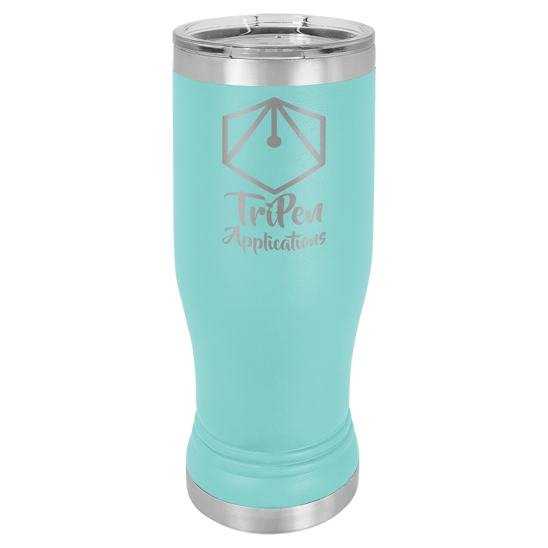 Aqua 14 oz. Polar Camel Pilsner with clear lid and "TriPen Applications" logo.