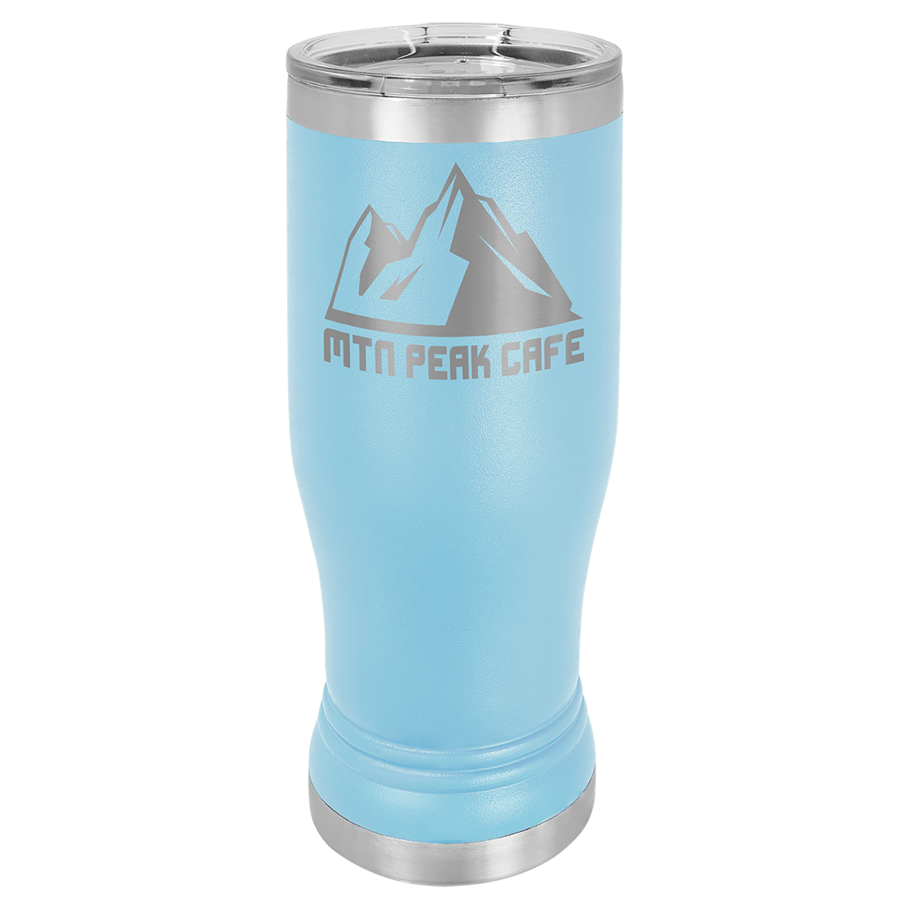 Light blue 14 oz. Polar Camel Pilsner with clear lid, silver rim, and "MTN PEAK CAFE" mountain logo.