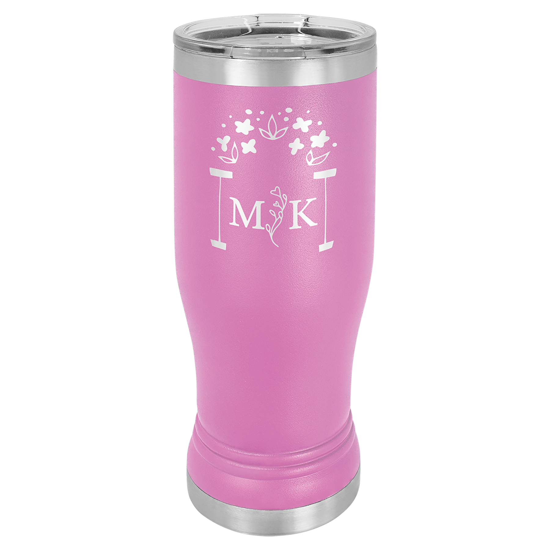 Pink 14 oz. Polar Camel Pilsner with clear lid, stainless steel rim, and white floral "MK" monogram.