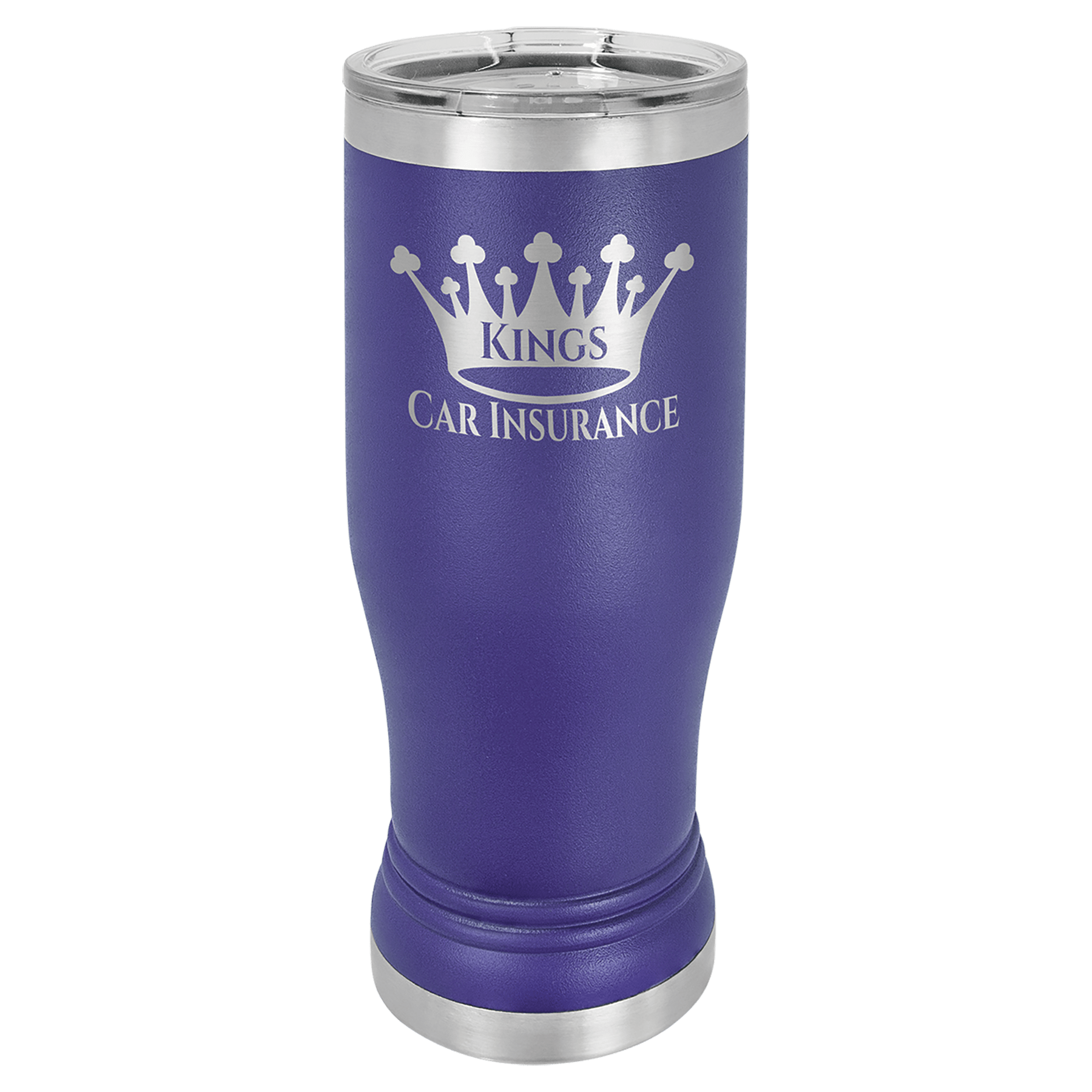 Purple 14 oz. Polar Camel Pilsner with clear lid, silver crown logo, and "KINGS CAR INSURANCE" text.