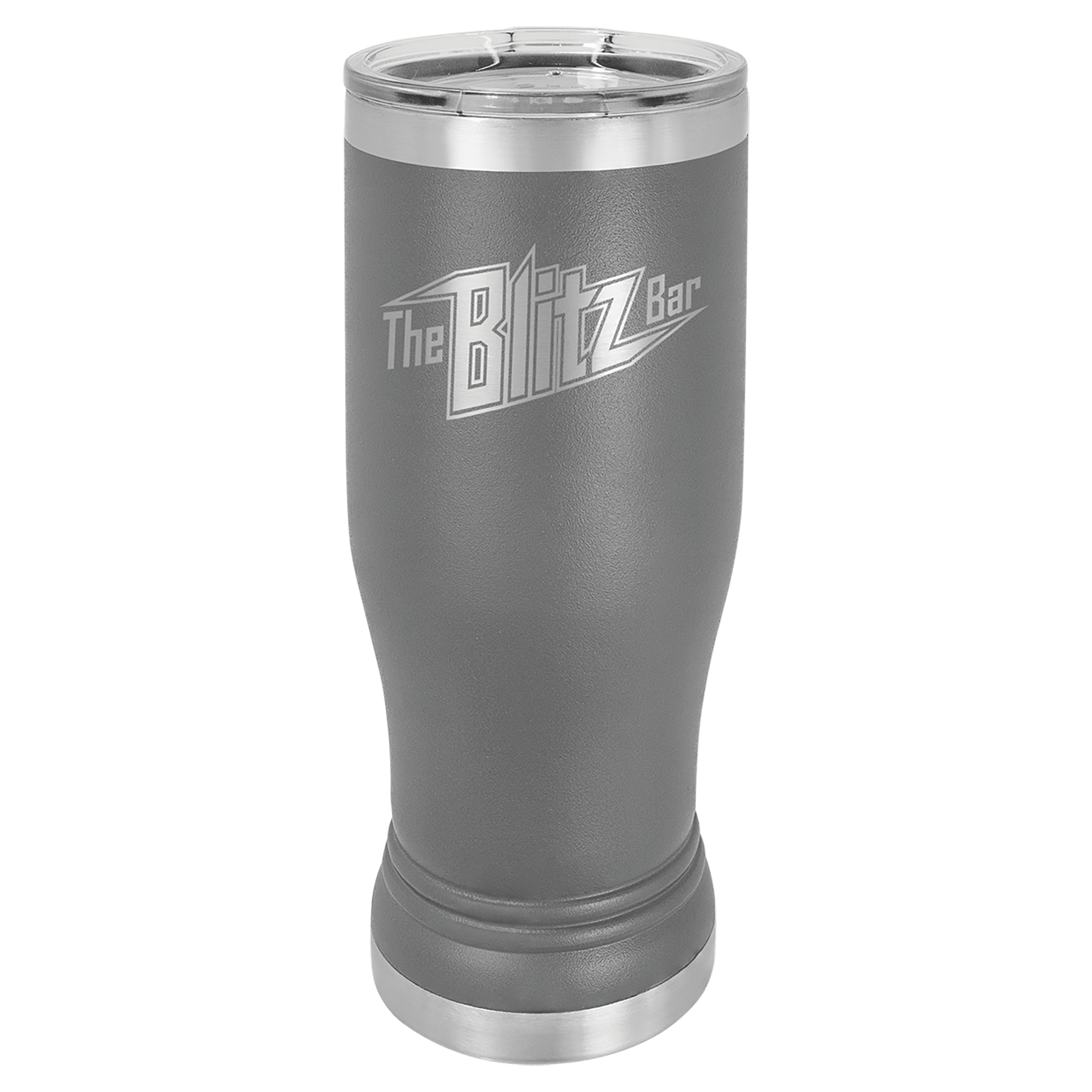 Gray 14 oz. Polar Camel Pilsner with clear lid, "The Blitz Bar" logo, and stainless steel accents.