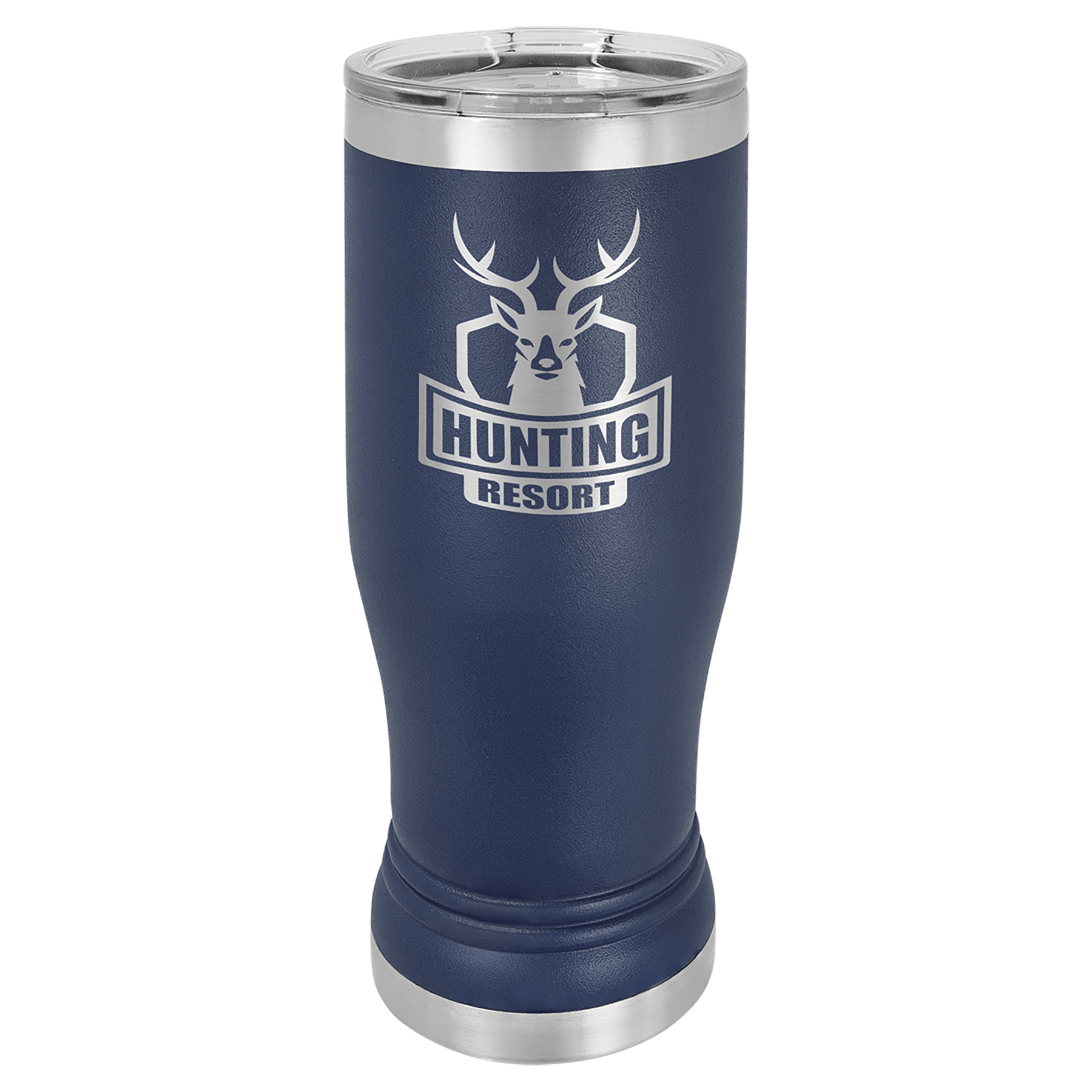 Navy 14 oz. Polar Camel Pilsner with clear lid, deer logo, and "HUNTING RESORT" text.