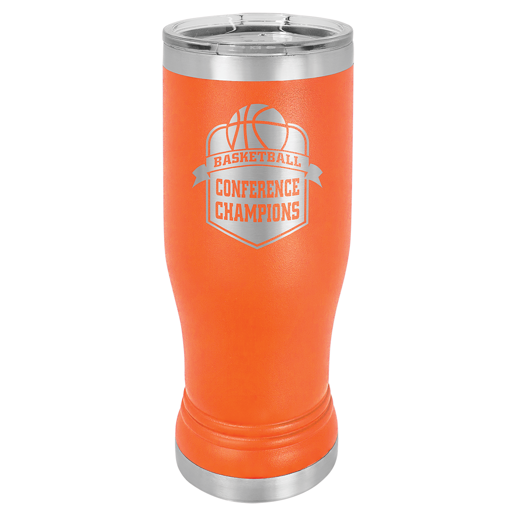 Orange 14 oz. Polar Camel Pilsner with clear lid, "Basketball Conference Champions" engraved.