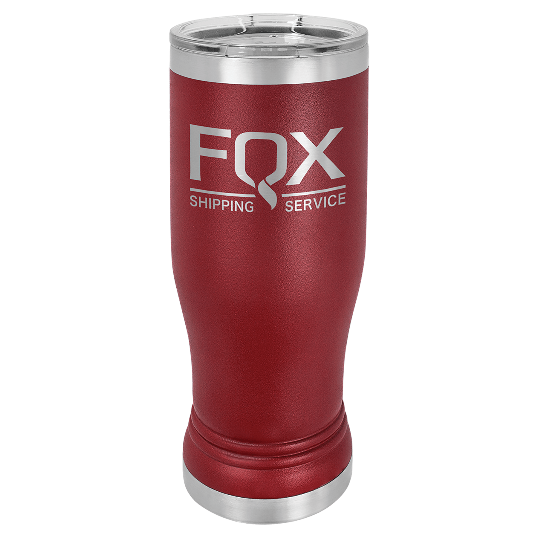 Red 14 oz. Polar Camel Pilsner with clear lid and "FOX SHIPPING SERVICE" logo.