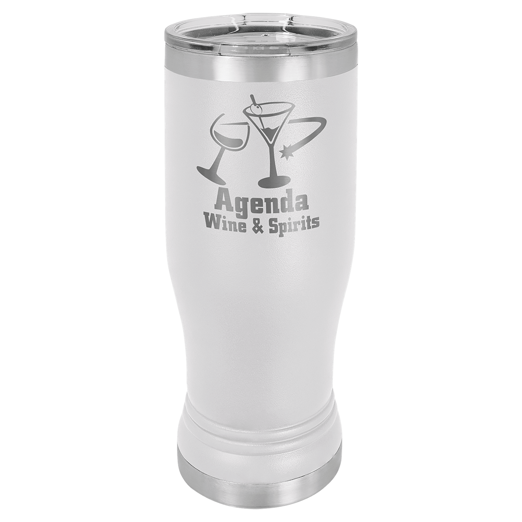 White 14 oz. Polar Camel Pilsner with clear lid, "Agenda Wine & Spirits" logo, and stainless steel base.
