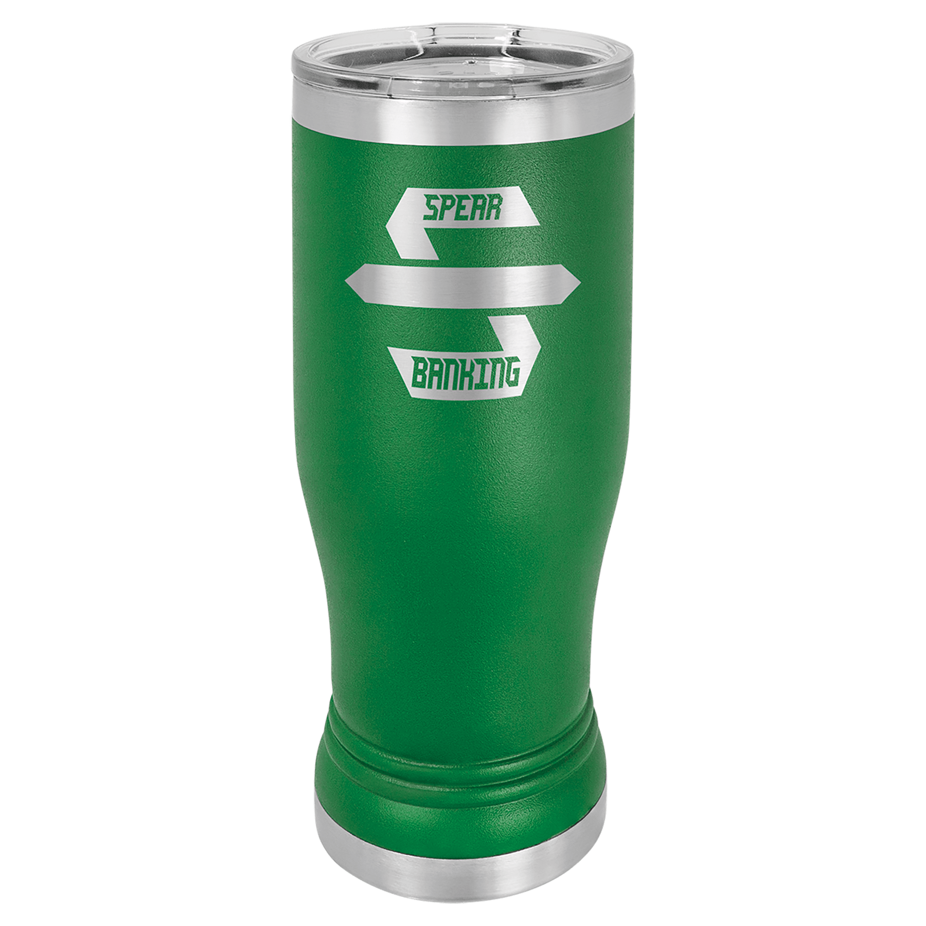 Green 14 oz. Polar Camel Pilsner with clear lid, "SPEAR BANKING" logo, and stainless steel accents.